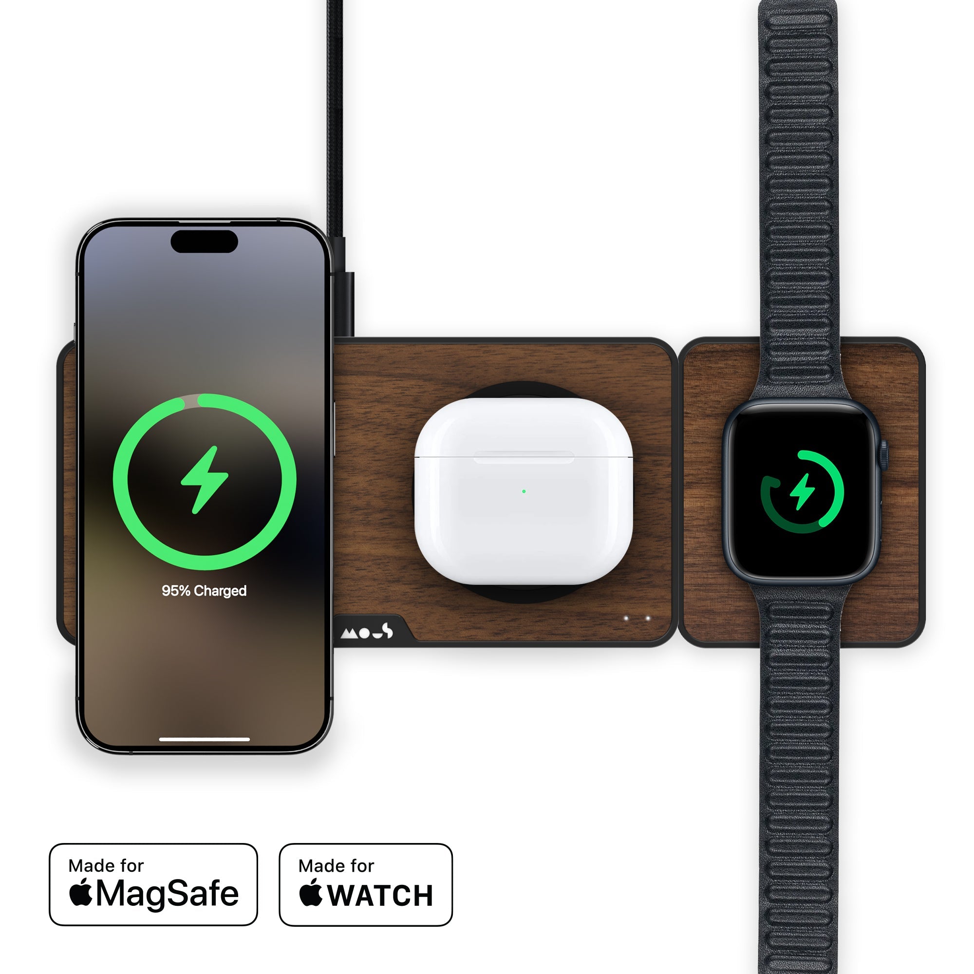 Premium Walnut Wood 4-in-1 Fast Charging Station with USB-C & Wireless Charger - Perfect for Home, Office & Travel Accessories Organization