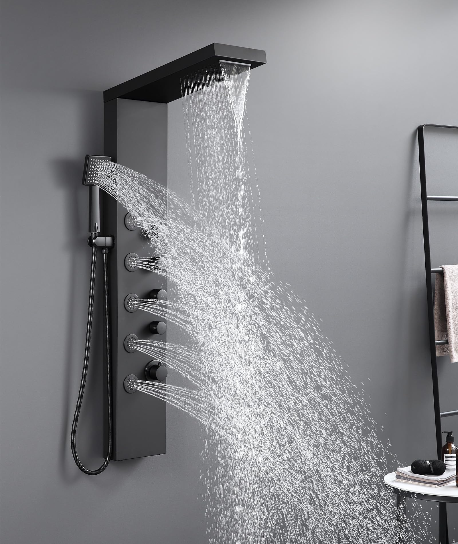 ROVATE 4-in-1 Matte Black Shower Panel Tower System with Rainfall Shower Head, Waterfall, Body Jets & Handheld Spray - High Pressure Stainless Steel Shower Column for Luxurious Spa-Like Bathroom Experience
