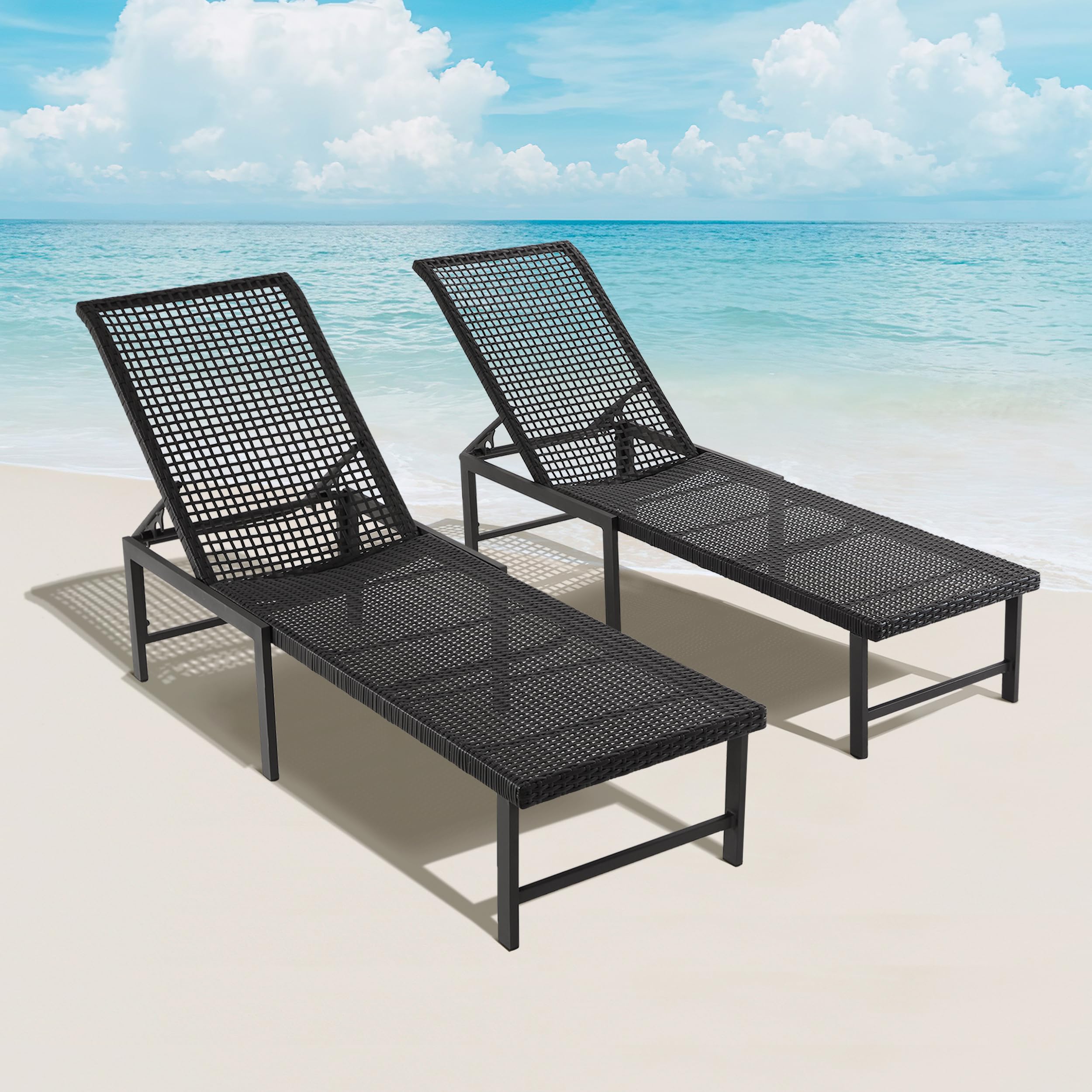 **Outdoor Chaise Lounge Set of 2 - Hand-Woven Rattan Poolside Chairs with Adjustable Aluminum Frame (5 Levels) - Dark Grey for Patio, Deck, Beach & Backyard Relaxation**