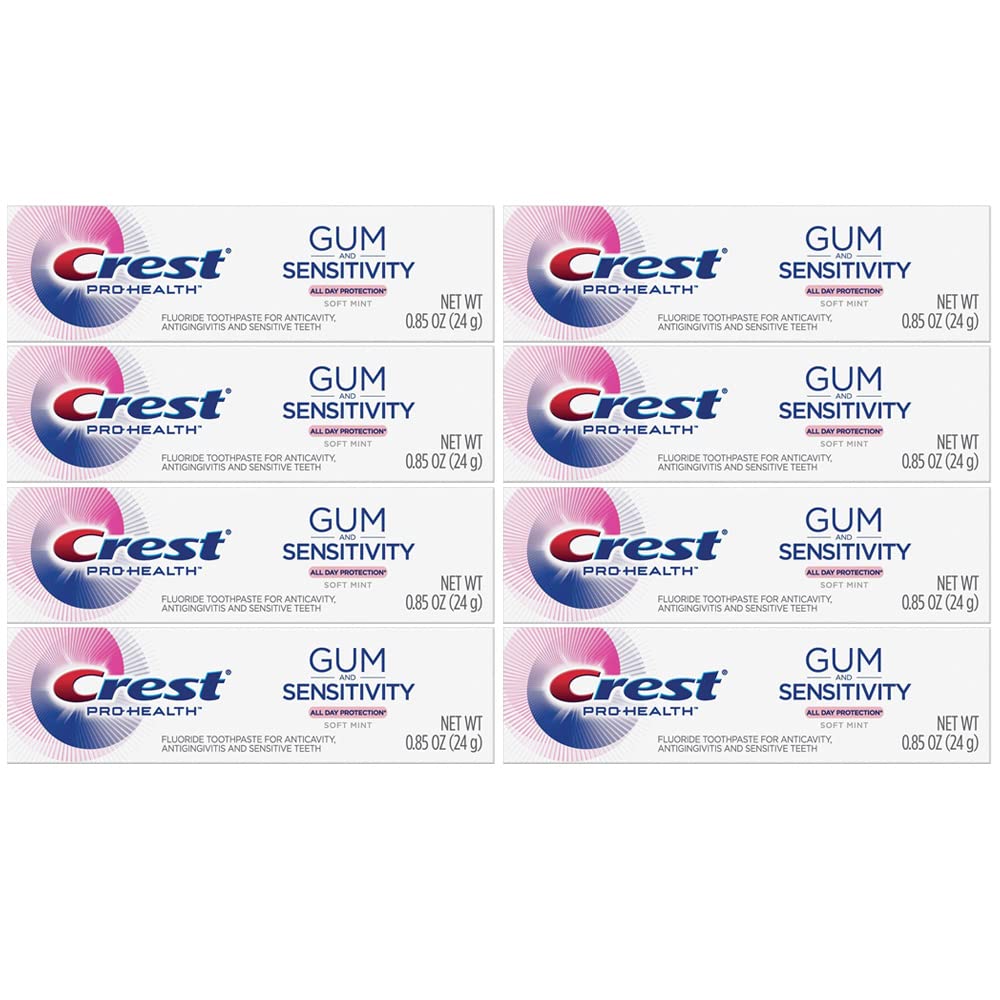 Crest Pro Health Gum and Sensitivity Toothpaste for Sensitive Teeth - Soft Mint Flavor, Travel Size 0.85 oz (24g) - Pack of 8 | Gentle Whitening & Cavity Protection | Perfect for Travel, Office & Daily Oral Care