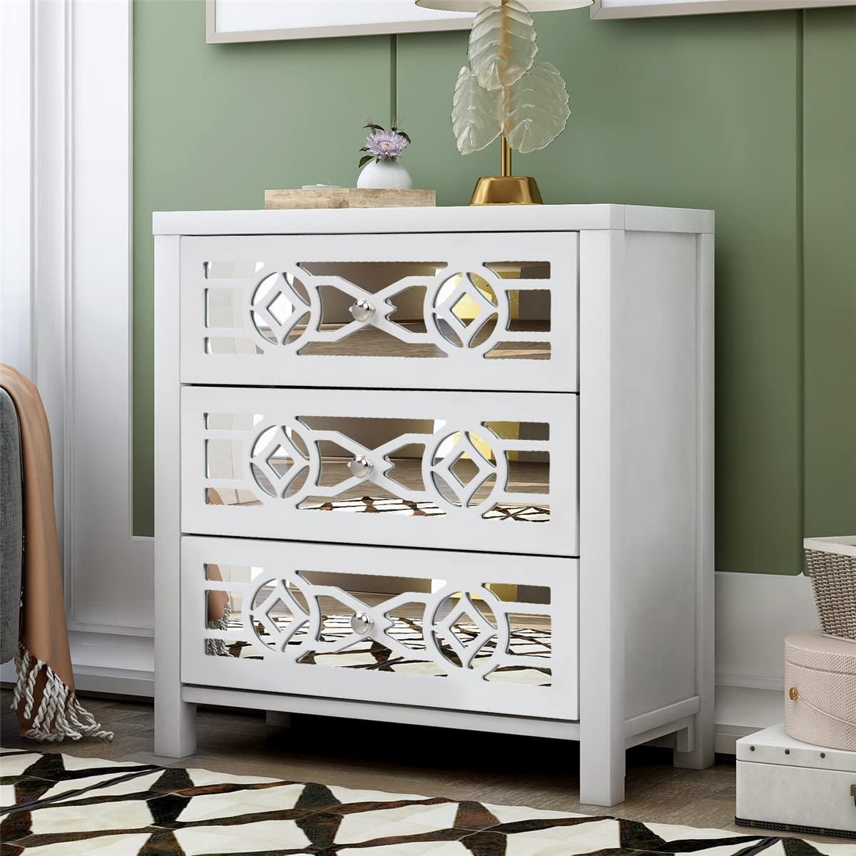 Antique White Wood Side Table with 3 Drawers & Mirror - for Living Room & Bedroom Decor