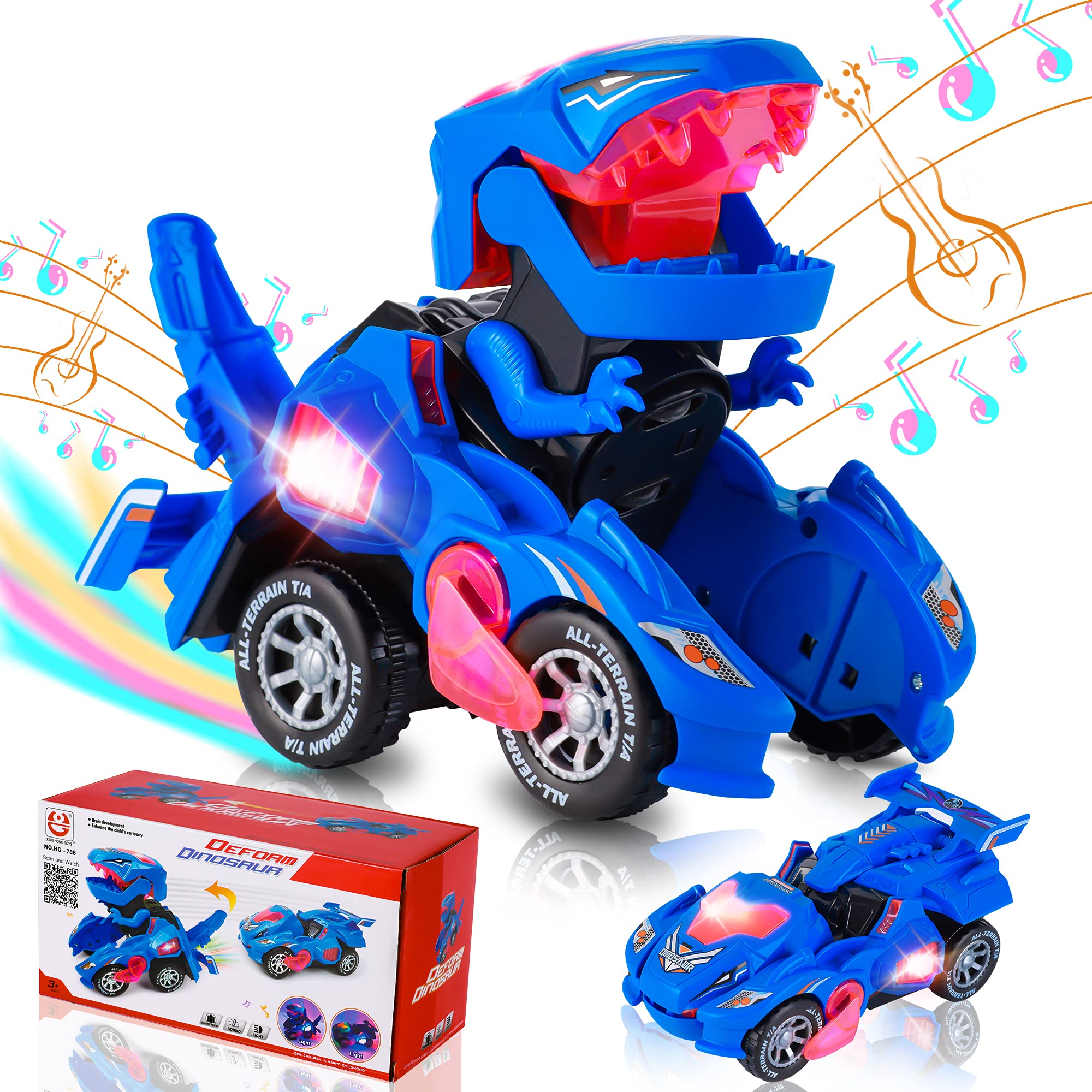 2-in-1 Transforming Dinosaur LED Car Toy with Light & Sound - Automatic Dinosaur Transformer Vehicle for Kids (Blue) | STEM Learning Toy for Boys & Girls | Birthday Gift & Pretend Play Adventure
