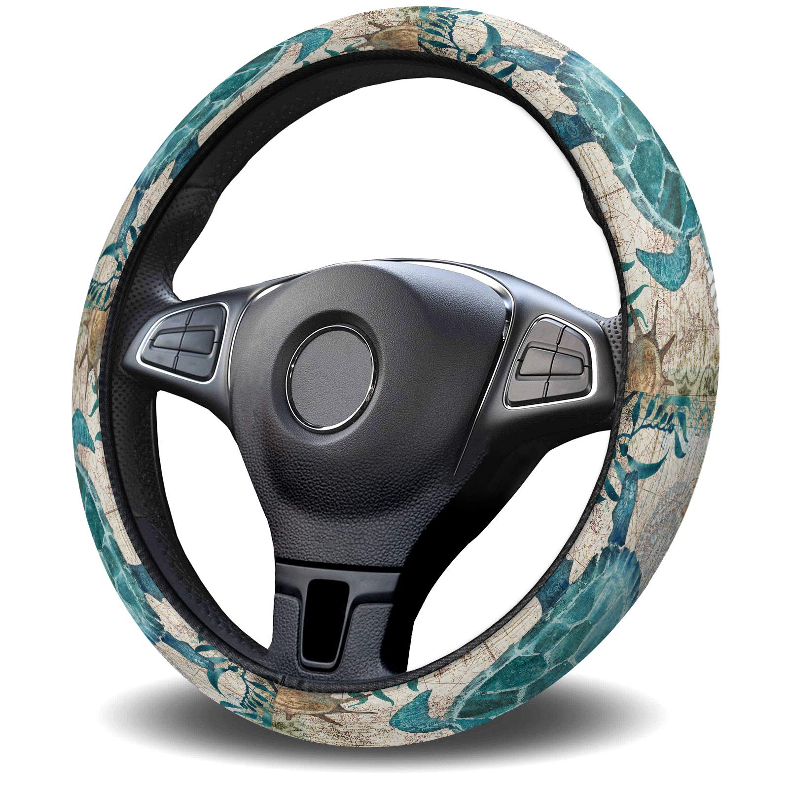 Zadaling Sea Turtle Ocean Animal Nautical Map Steering Wheel Cover - Elastic Sponge Non-Slip Car Steering Wheel Protector for Sedans, SUVs, Vans & Trucks | Perfect for Road Trips, Commuting & Everyday Driving