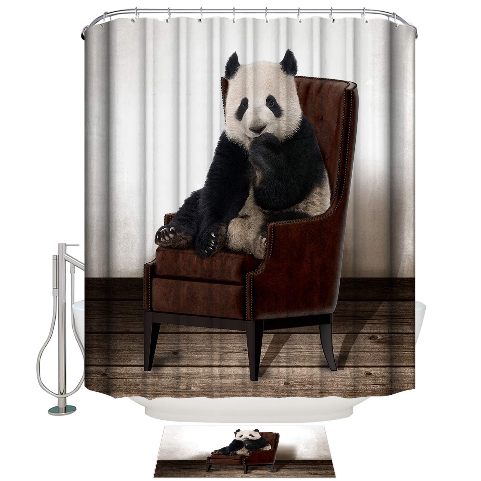 Pensive Panda Sitting on Retro Chair Shower Curtain and Non-Slip Bath Mat Set - Water Absorbent Polyester Bathroom Accessories for Showers & Bathtubs, Cute Animal Theme Decor for Kids' Bathroom or Nursery
