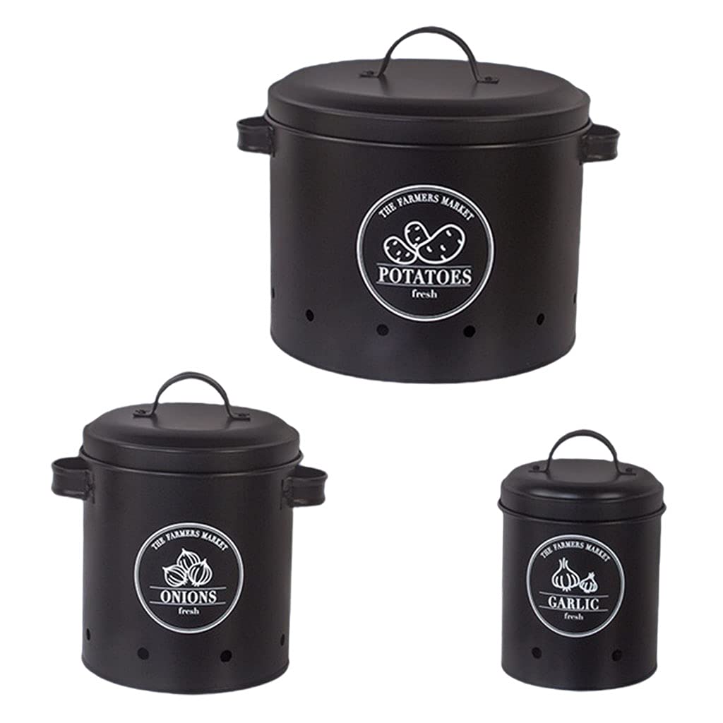 Antique Potato Onion Storage Canisters Set of 3 - Kitchen Storage Jars with Aerating Holes & Metal Lids for Potatoes, Garlic, Onions - Black (Ideal for Pantry Organization & Fresh Produce Storage)