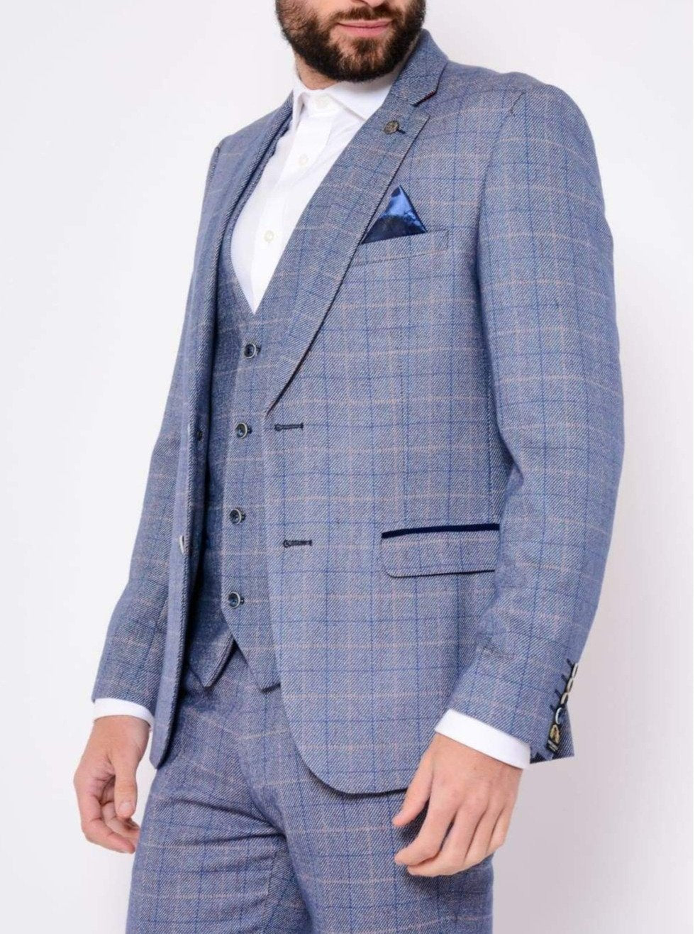 Marc Darcy Harry 3-Piece Sky Blue Tweed Check Suit for Men - Wedding, Business & Formal Occasions