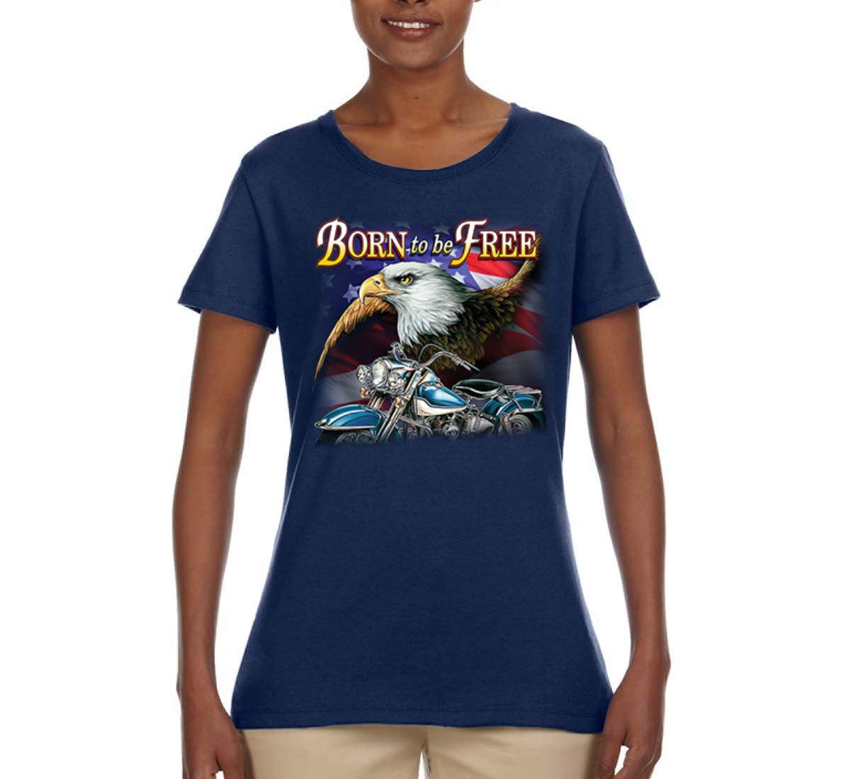 Born to Be Free Bald Eagle & American Flag Graphic T-Shirt for Women | Patriotic Casual Wear for Cars & Trucks Enthusiasts | Perfect for 4th of July, BBQ & Road Trips