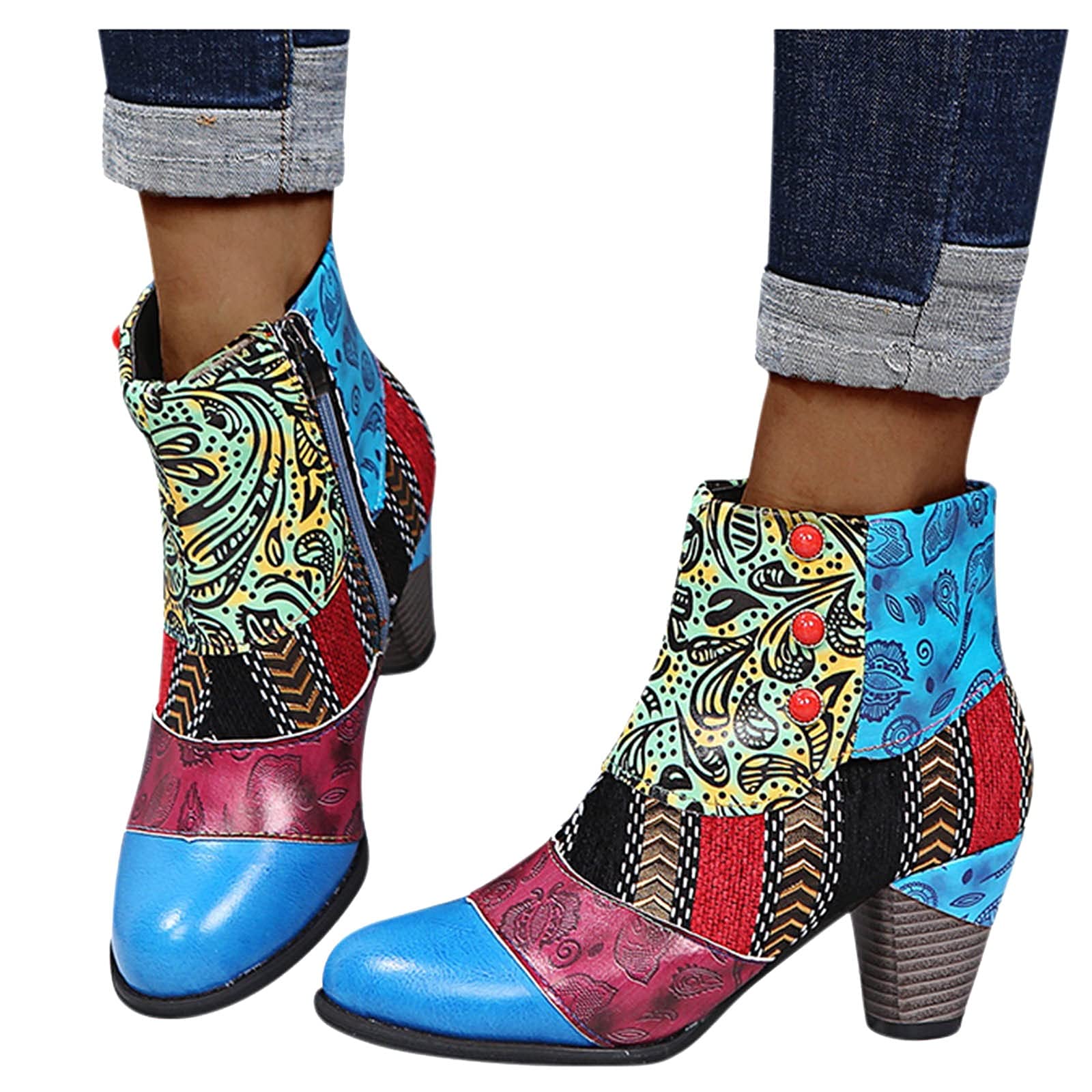 Stylish Women's Ankle Booties - Low Chunky Heel Retro Pointed Toe Boots with Colorful Prints | Casual Outfits, Office Wear & Fall Fashion