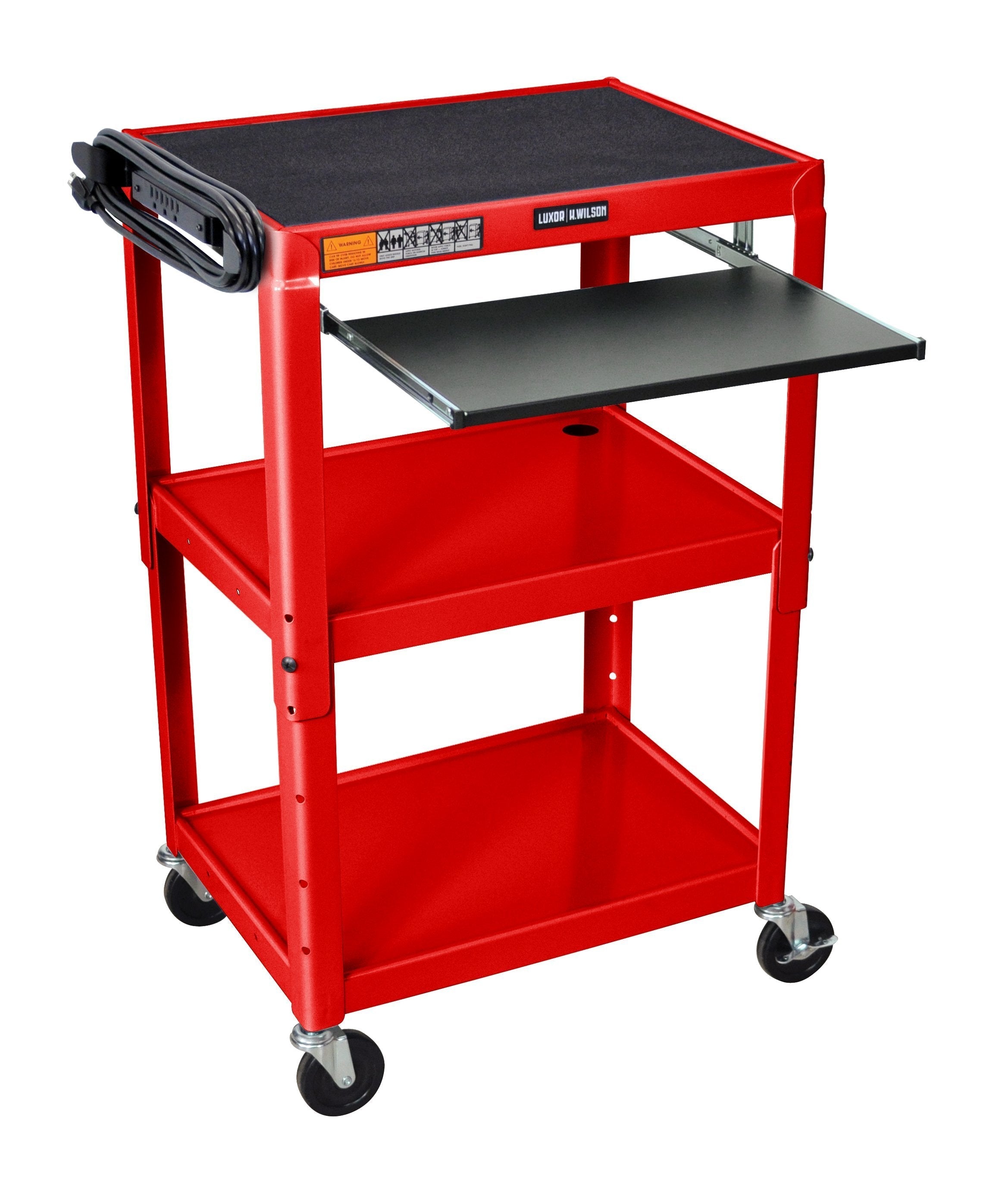 Luxor Adjustable Height Red Metal A/V Cart with Pullout Keyboard Tray - Mobile Media Stand for Classroom, Office & Home Theater Organization