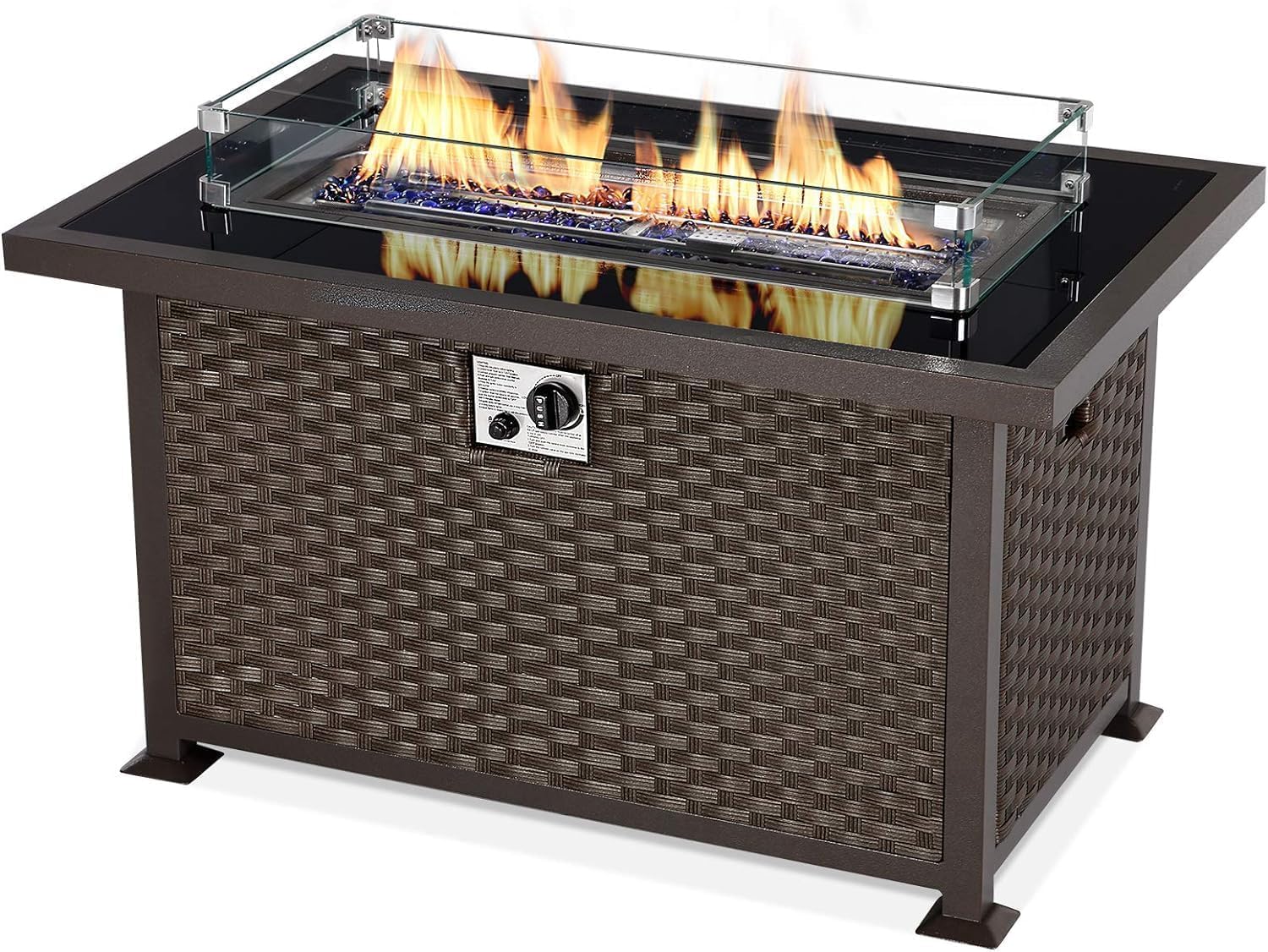 U-MAX 44 Inch Outdoor Propane Fire Pit Table - 50,000 BTU Auto-Ignition Gas Fire Pit with Wind Guard, Black Tempered Glass Top & Blue Fire Glass Rocks, Brown PE Wicker, CSA Certified - Perfect for Patio, Backyard, Deck and Garden Gatherings