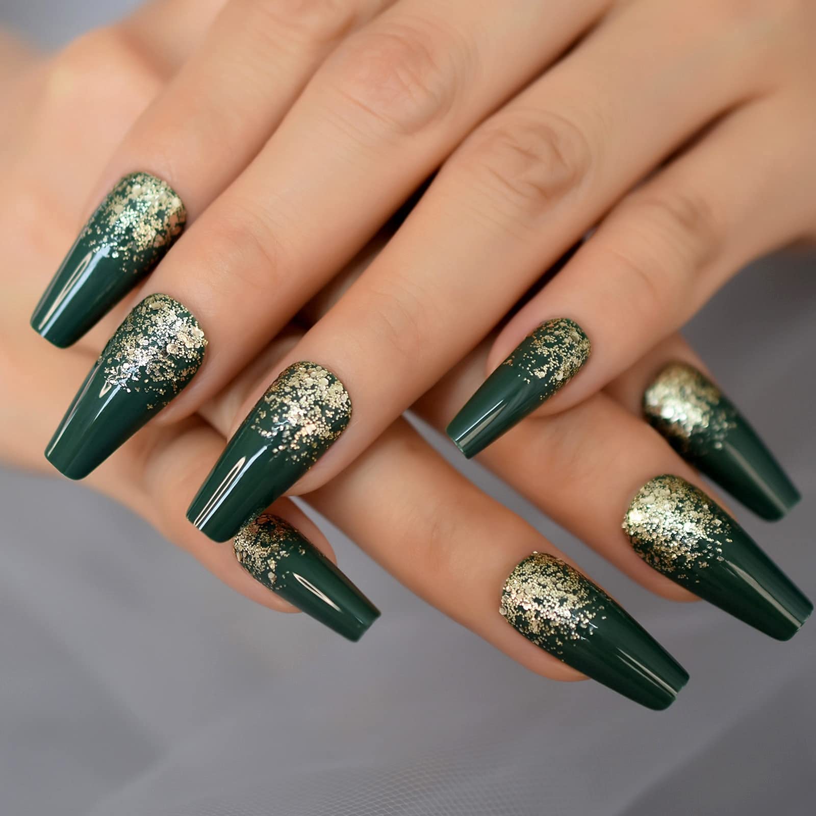 Coolnail Green French Press False Nails with Silver Sequins Glitter - Long Ballerina Coffin Full Cover Artificial Nails for Party, Wedding, Prom & Special Occasions