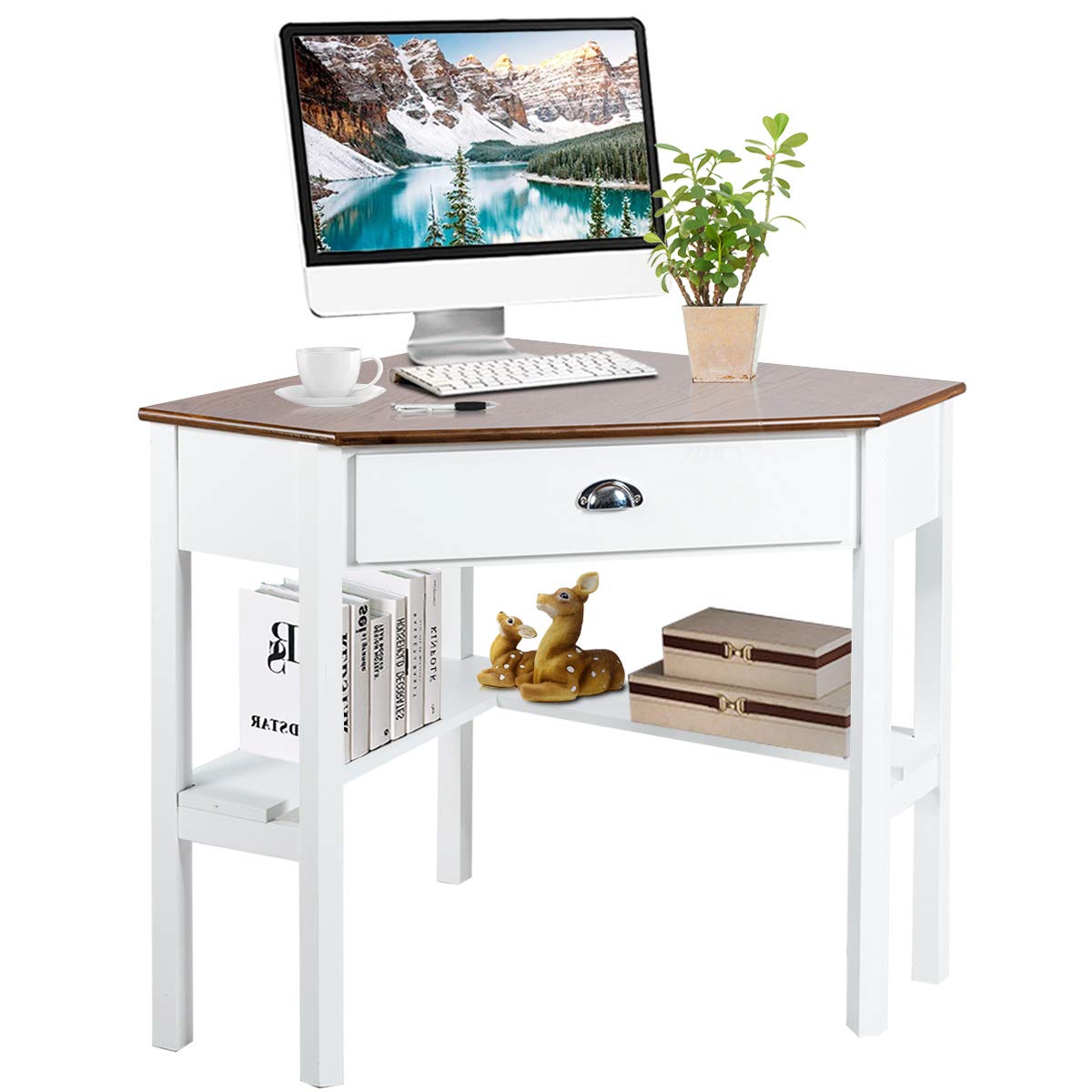Tangkula 90-Degree Corner Desk with Drawer & Storage Shelves - Compact Computer Desk & Makeup Vanity for Small Spaces (Natural & White) - Perfect for Home Office, Dorm Room & Bedroom Workspace