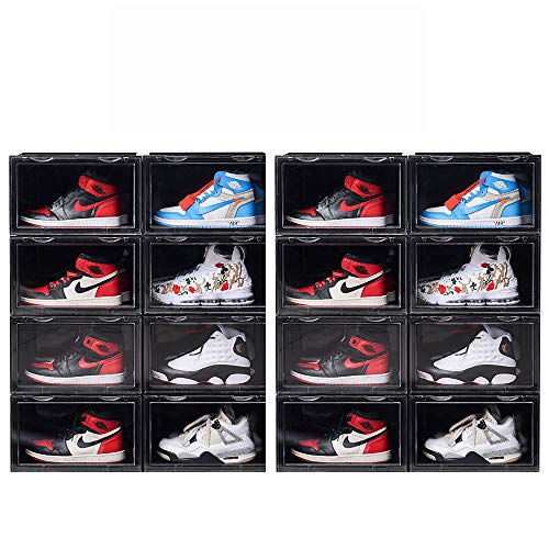 K.T.Z Magnetic Side Open Clear Plastic Shoe Storage Box - Stackable, Foldable Sneaker Organizer (14.2x11x8.7 Inch, D Style Black, 16 Pack) - Perfect for Closet Organization, Shoe Display & Home Storage Solutions