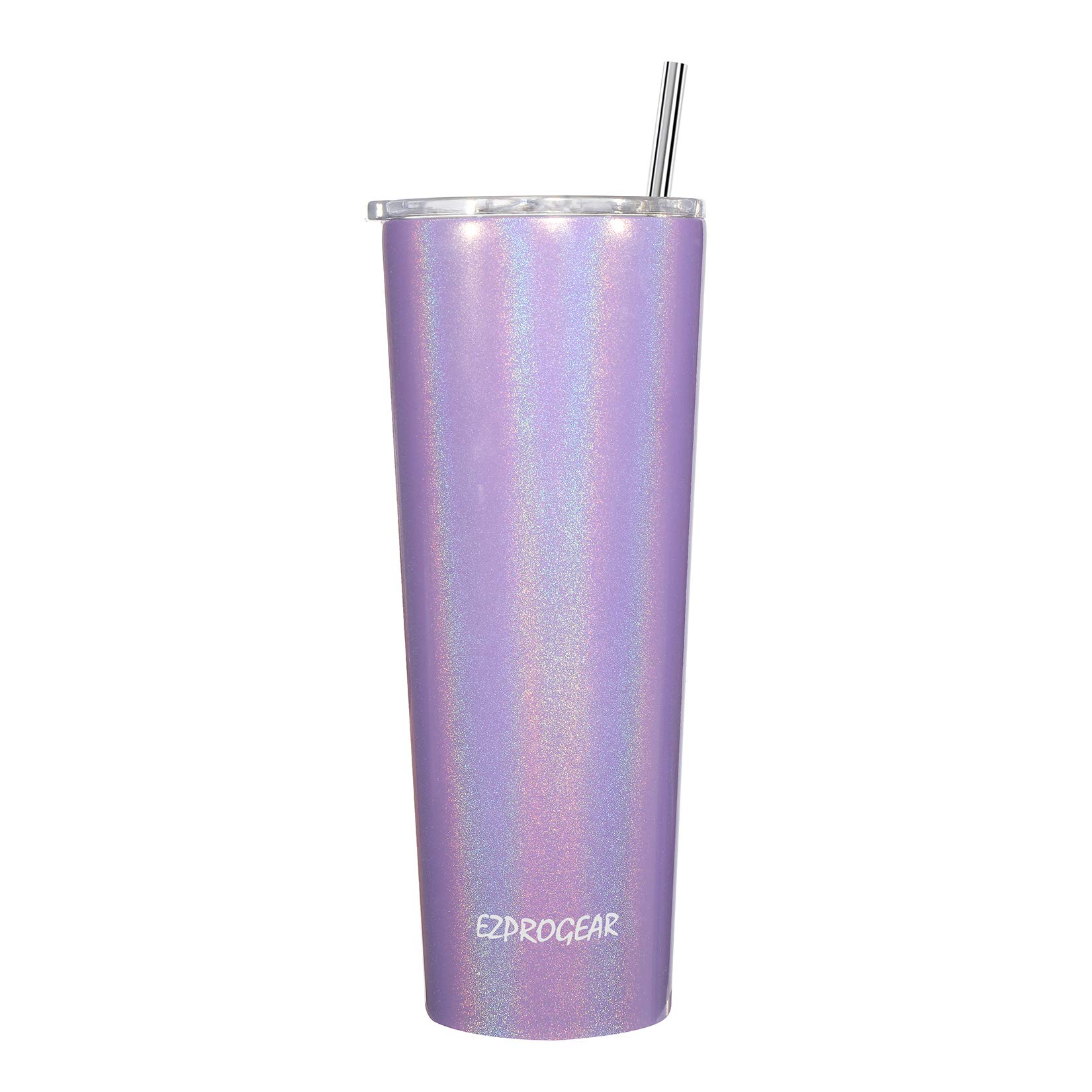 Ezprogear 26 oz Glitter Violet Stainless Steel Slim Skinny Tumbler - Vacuum Insulated Cup with Straw & Lid - Leakproof Travel Mug for Coffee, Tea & Cold Drinks - Perfect for Office, Gym & Outdoor Activities