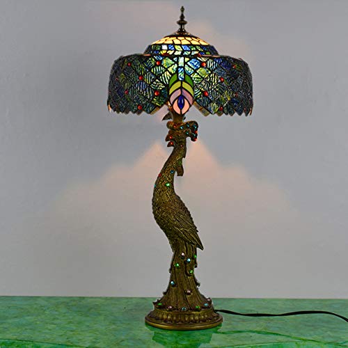 LITFAD Handcrafted Tiffany Stained Glass Peacock Desk Lamp - Brass Base with Glass Shade, Adjustable Task Light for Home Office, Bedroom Nightstand, Reading Nook & Study Room Decor