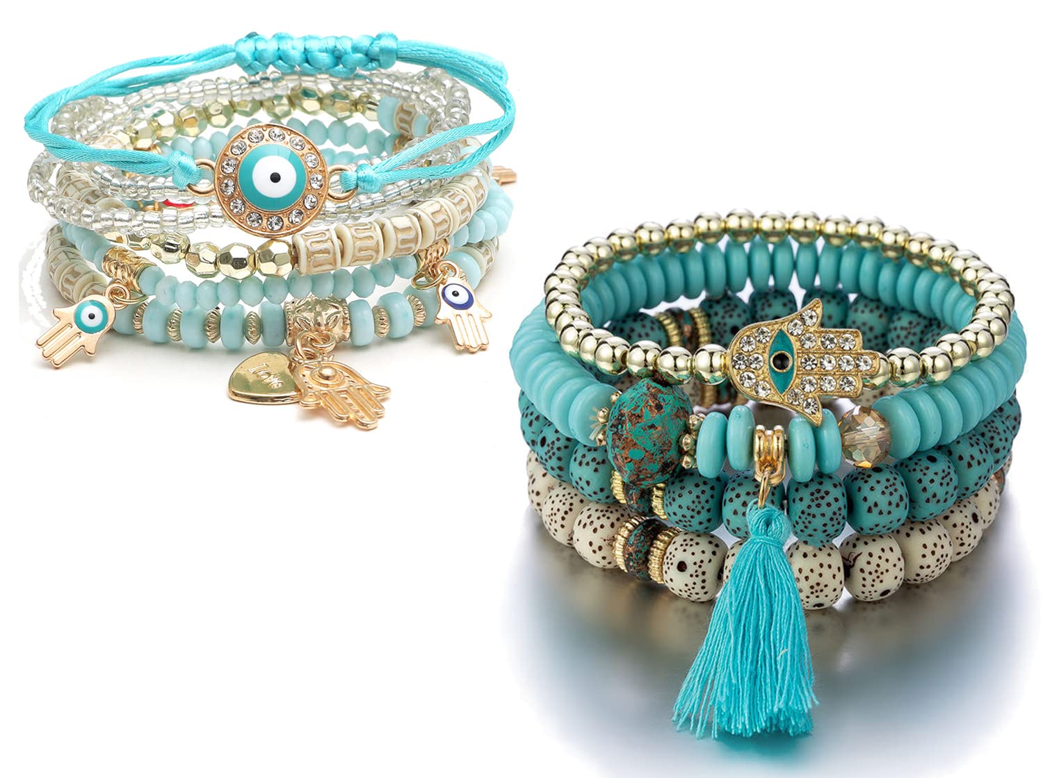 Evil Eye Hamsa Hand Bracelet Set - 2 Piece Bohemian Multilayer Beaded Stretch Bracelets for Women, Handmade Stackable Charm Bracelet for Protection & Good Luck | Perfect for Festival, Boho Jewelry Gift, Spiritual Accessories
