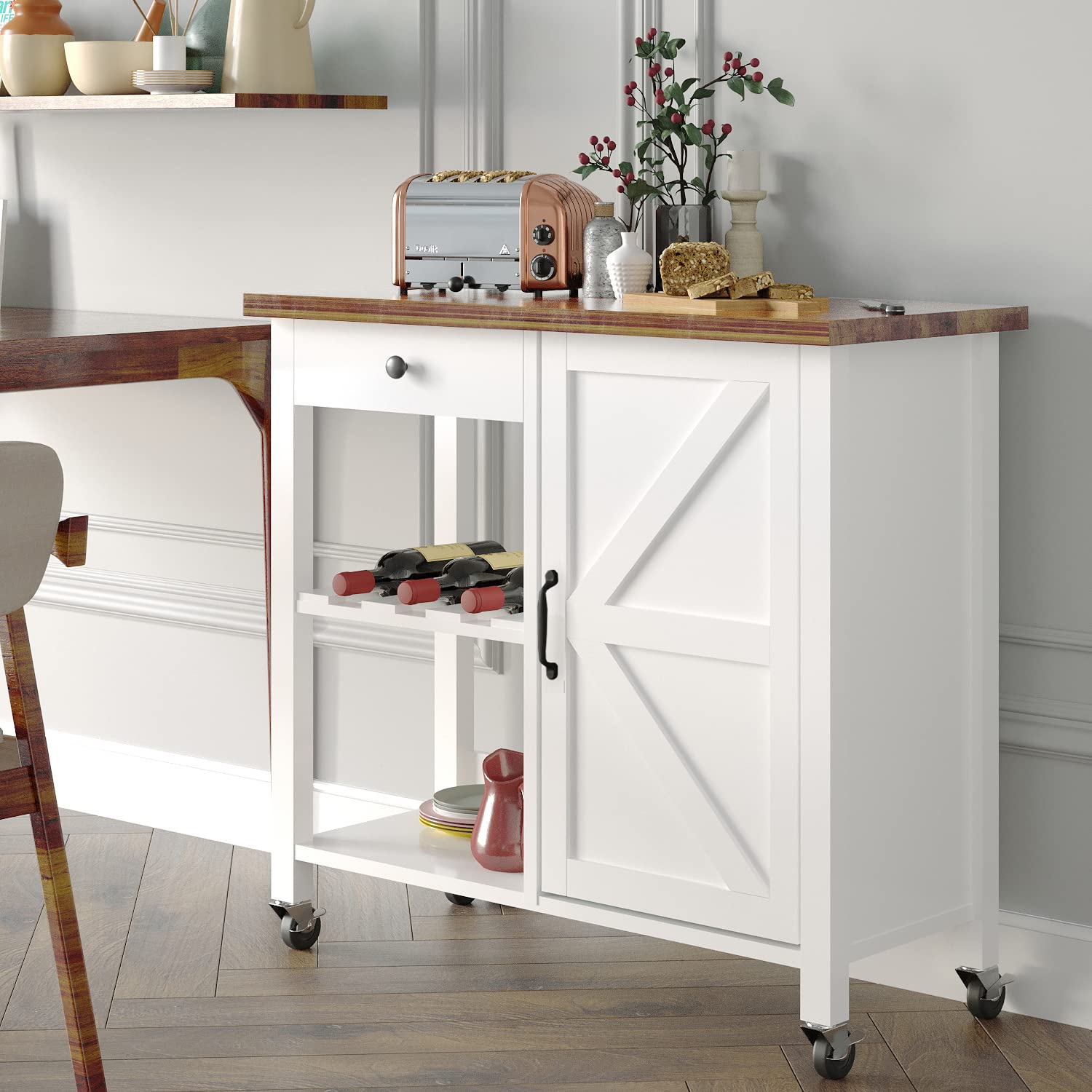 Farmhouse Kitchen Island Cart with Wheels - Small Rolling Kitchen Island with Barn Door, Wooden Countertop, Lockable Casters & Adjustable Shelves for Small Spaces - Perfect for Compact Kitchens, Dining Areas & Mobile Food Prep Stations