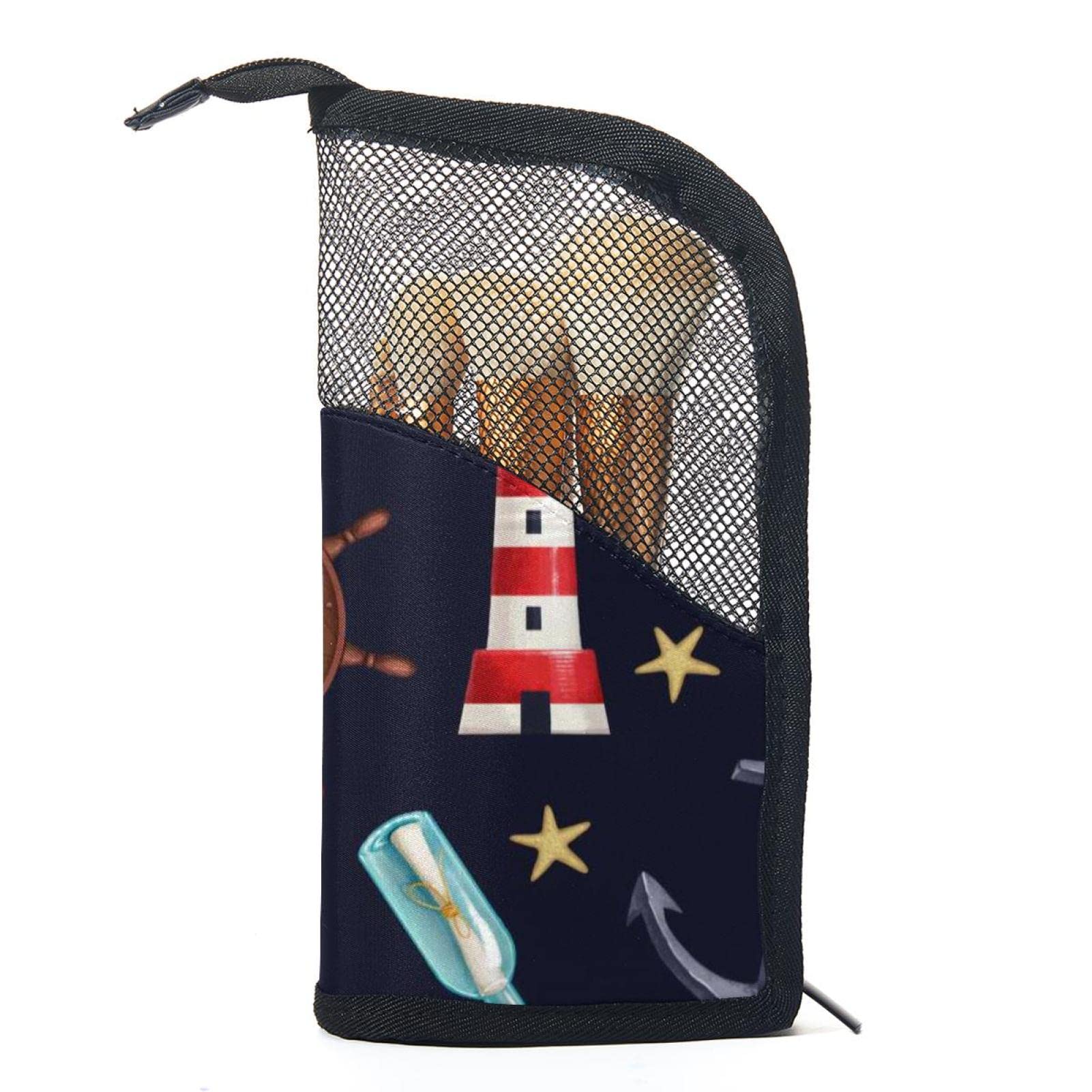 Portable Makeup Brush Organizer Bag with 12 Slots - Waterproof Cosmetic Brush Holder Case with Lighthouse Anchor & Starfish Design for Travel, Home Vanity & Professional Makeup Artists