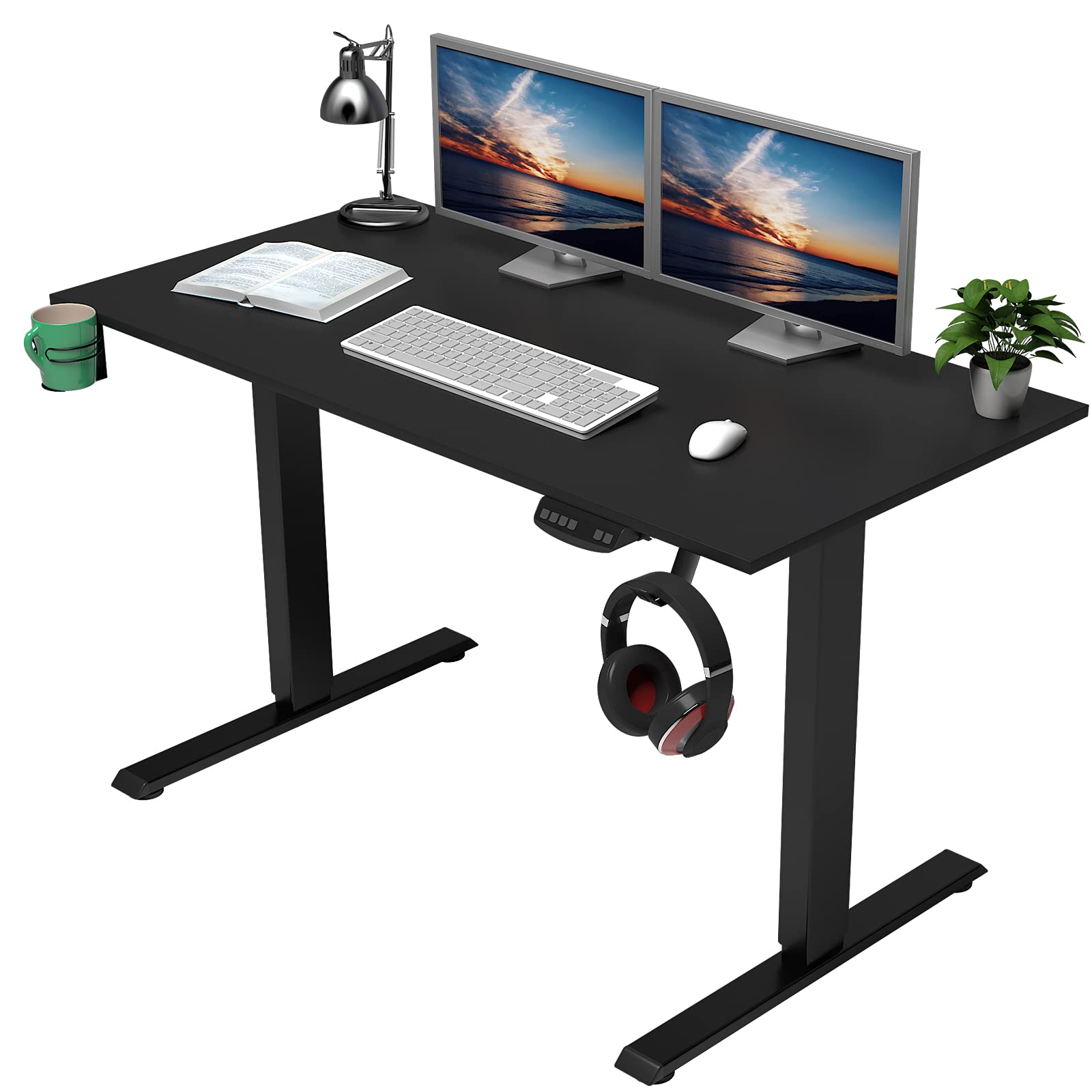 OUTFINE Dual Motor Electric Height Adjustable Standing Desk - 48 Inch Home Office Workstation with Splice Board (Black) | Ergonomic Sit Stand Desk for Work from Home & Office Productivity