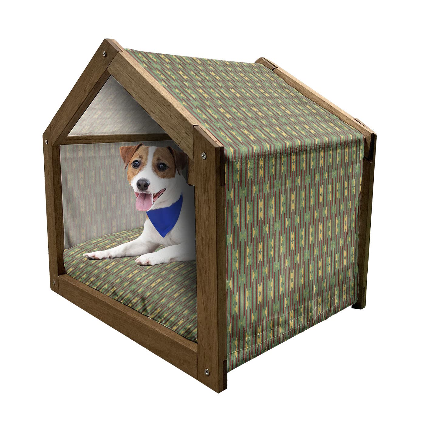 Ambesonne Kente Pattern Wooden Dog House - Retro Diamond Line Design with Vertical Stripes - Indoor/Outdoor Portable Pet Kennel with Removable Pillow & Cover - Large Size in Sea Green & Mustard - Perfect for Backyard, Patio or Living Room Pet Shelter