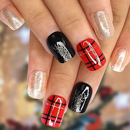 Kikmoya Short Press On Nails - Christmas Square Black Fake Nails with Gold Glitter Elk Design - 24pcs Red Tartan Acrylic Artificial Full Cover False Nails for Women (Black Gold Short) - Perfect for Holiday Parties, Gift Giving & Special Occasions