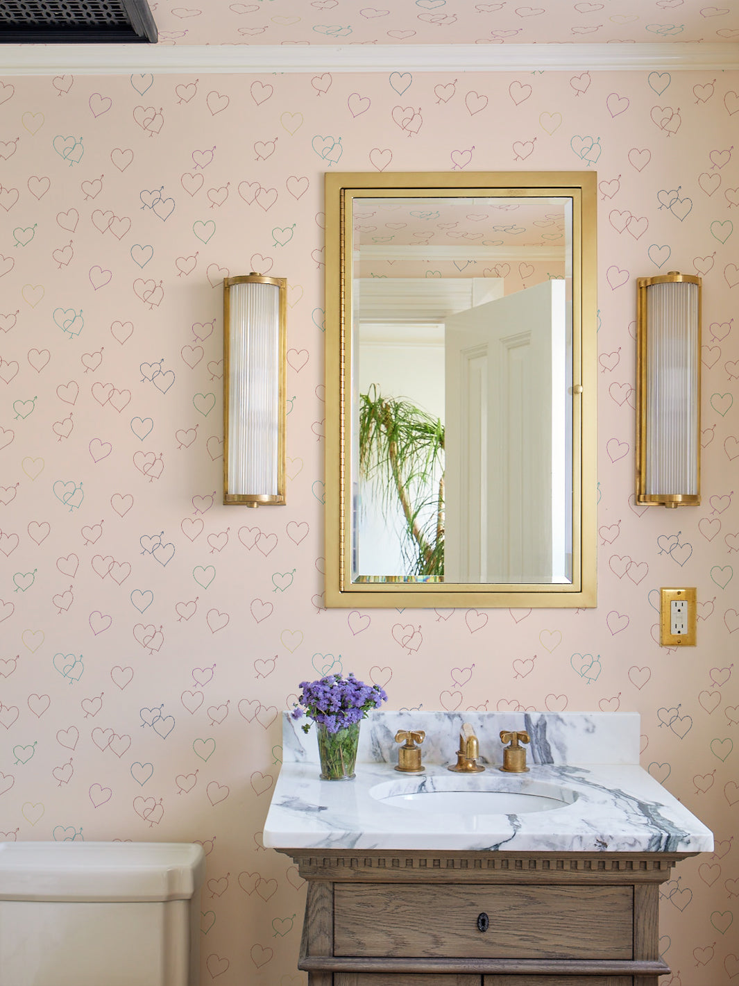 Lingua Franca Embroidered Hearts Wallpaper - Peach Floral Pattern Peel and Stick Wallpaper for Bedroom, Nursery & Home Decor