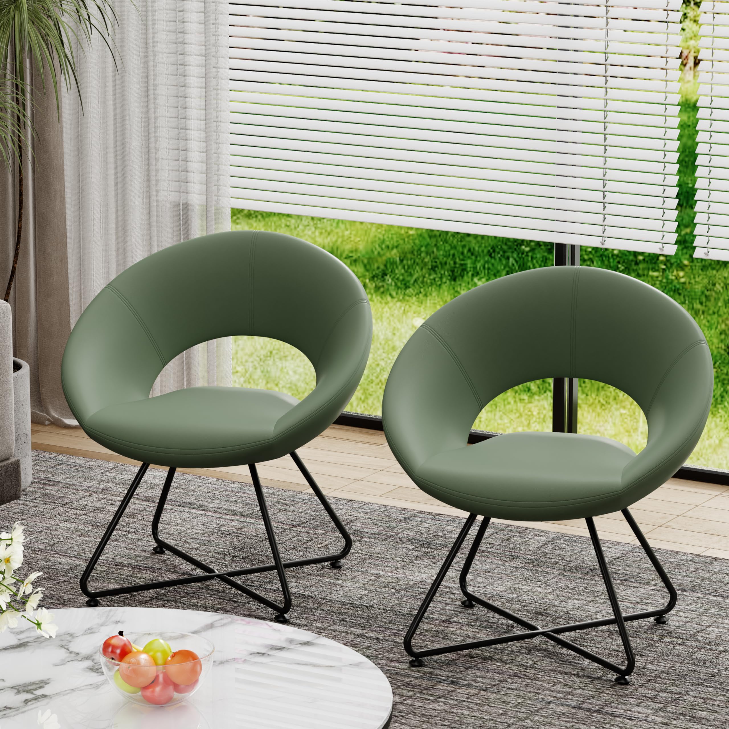 Modern Swivel Accent Chair Set of 2 - Upholstered Faux Leather Saucer Chairs with Golden Metal Legs for Living Room, Makeup Vanity, Lounge & Home Office - Green Comfy Seating for Relaxation & Leisure
