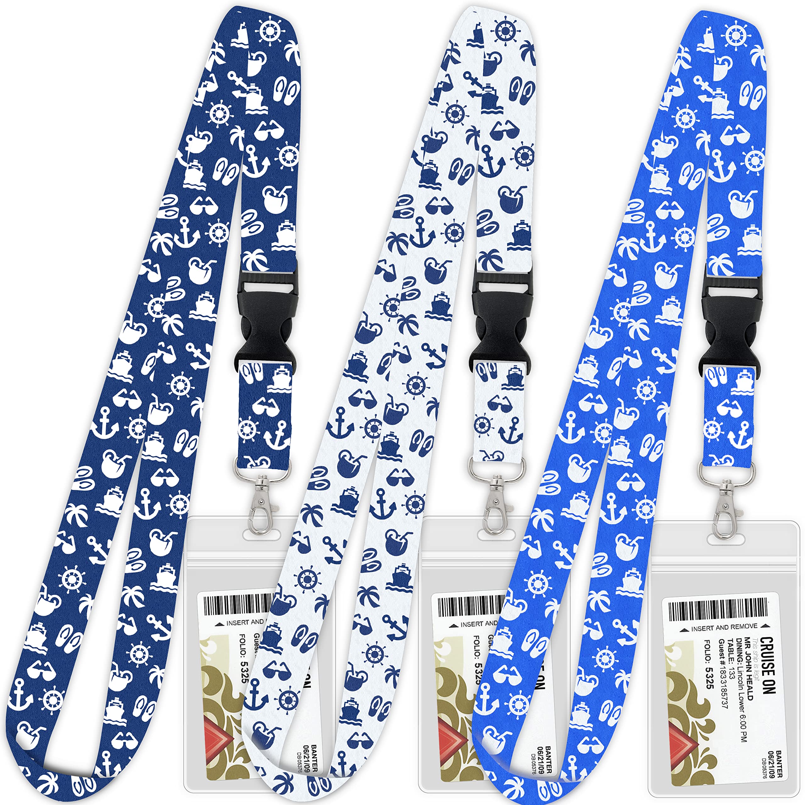 Cruise Lanyard with ID Holder & Badge Reel - 3 Pack for Ship Cards (Blue, Royal Blue, White) - Perfect for 2023-2025 Cruises