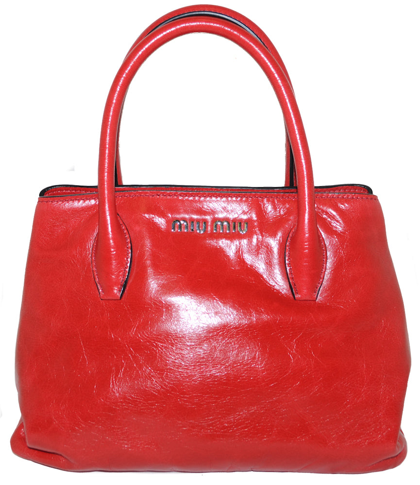 Authentic Miu Miu Red Calf Leather Top Handle Tote Bag for Women | Luxury Glazed Leather Shoulder Purse | Perfect for Work, Travel & Everyday Use