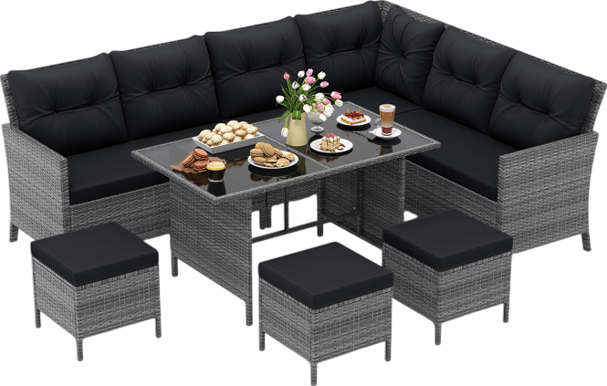 Costway 7-Piece Patio Dining Set with Cushioned Chairs, Ottomans & Tempered Glass Table - Outdoor Furniture for Garden, Backyard, Poolside & Balcony