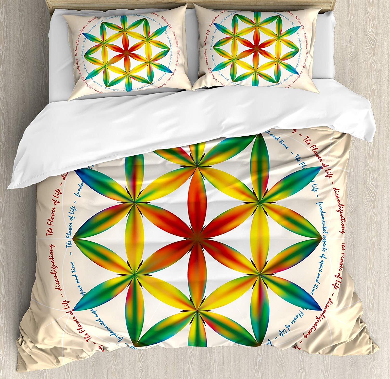 Sacred Geometry Duvet Cover Set 4-Piece Full Size - Esoteric Spiral Print Bedding (1 Duvet Cover + 1 Flat Sheet + 2 Pillowcases) - Symbol of Space and Time - Perfect for Boho Chic Bedrooms and Meditation Spaces