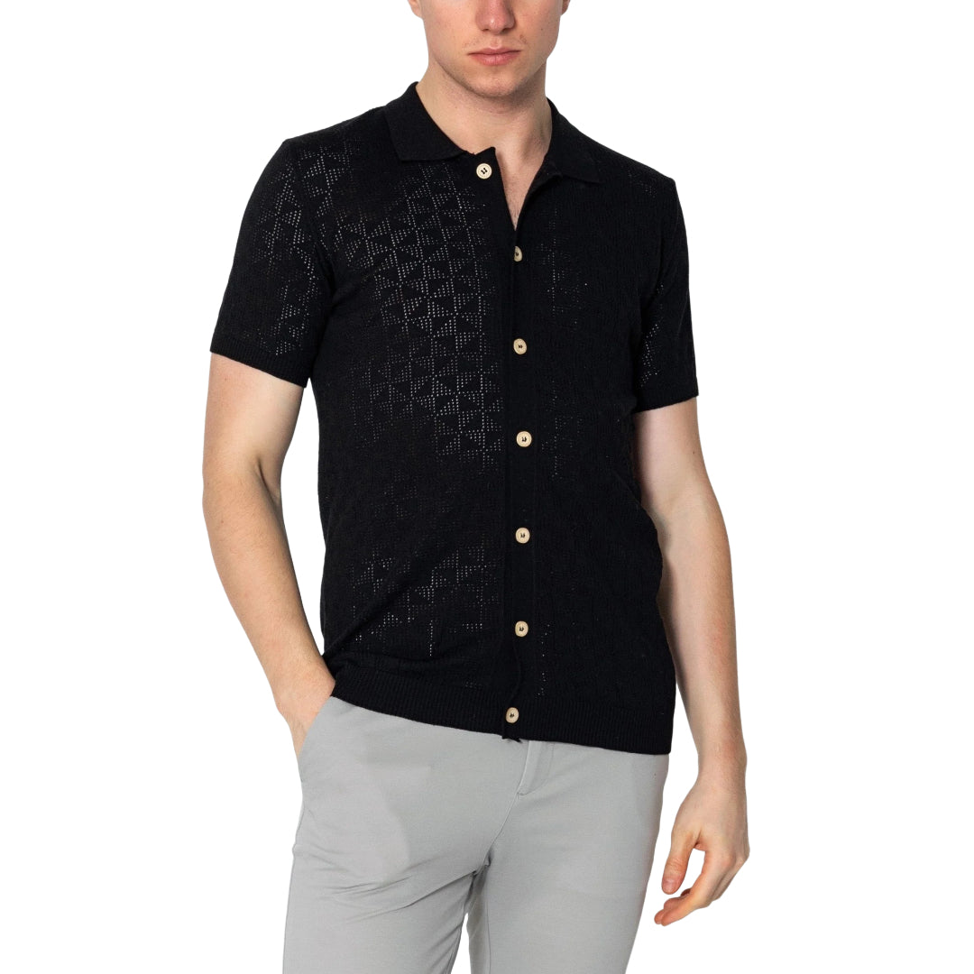 Geometric Crochet Polo Shirt for Men - Trendy Black Cotton Knit Top with Unique Design | Perfect for Casual Outings, Beach Vacations & Summer Fashion