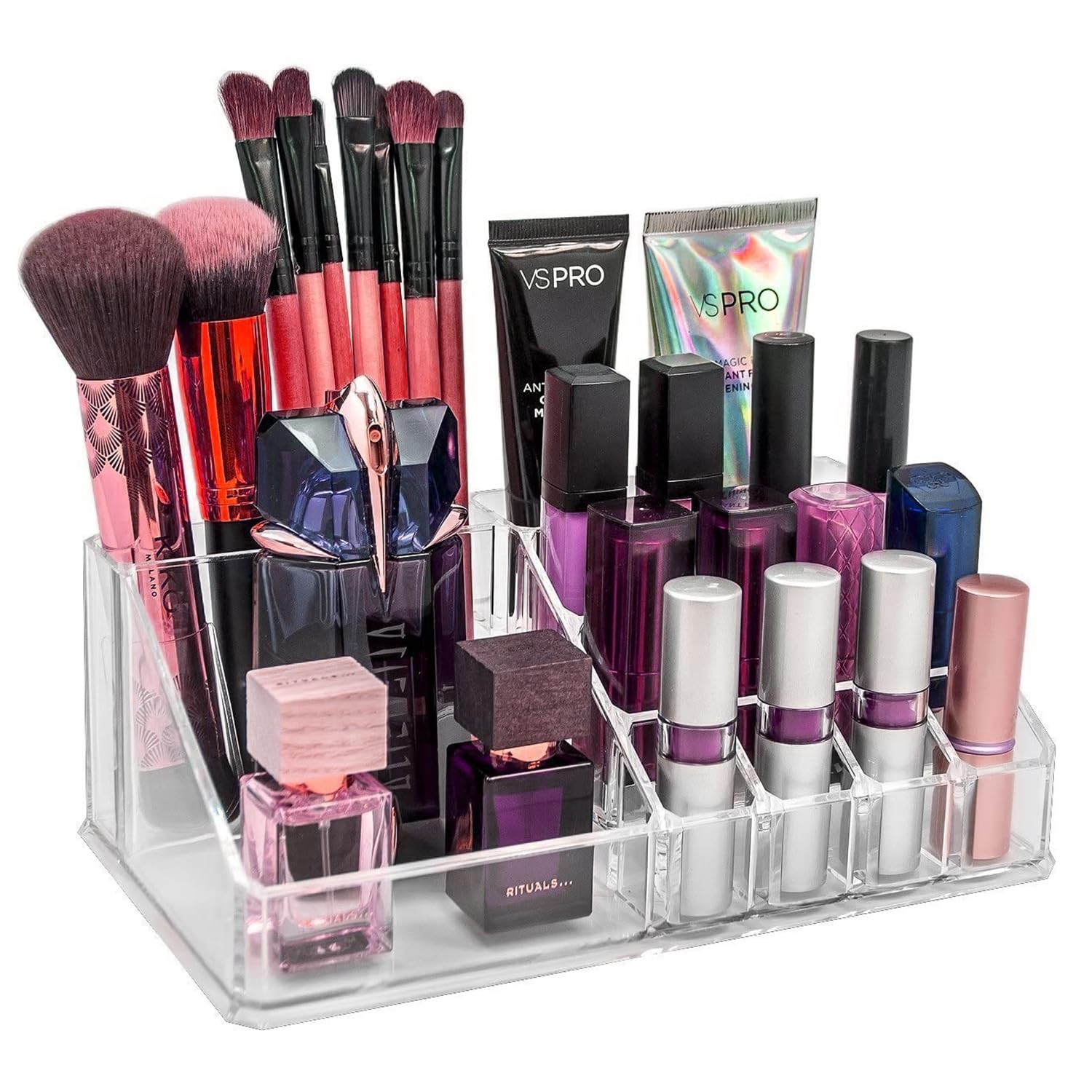 Clear Acrylic Makeup Storage Organizer - Cosmetic Display Case & Brush Holder for Vanity Countertop | Organize Lipsticks, Jewelry, Nail Polish & Beauty Tools | Perfect for Home, Salon & Travel Organization