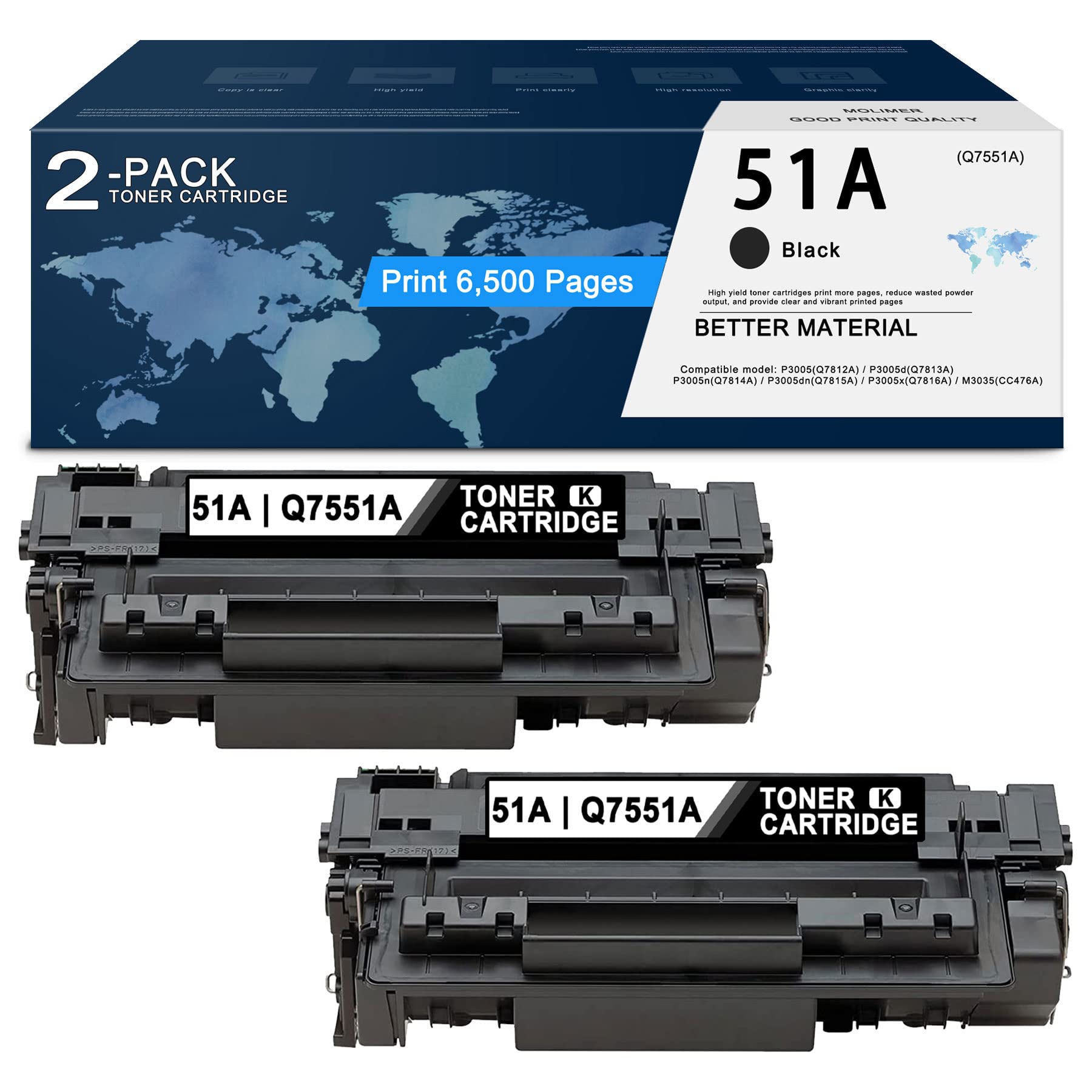 MOLIMER Compatible 51A Toner Cartridge (2-Pack) - Replacement for HP Q7551A, P3005 Series & M3000 Series Printers | High-Yield Black Toner for Office & Home Printing | Works with HP LaserJet P3005, M3027, M3035 Printers