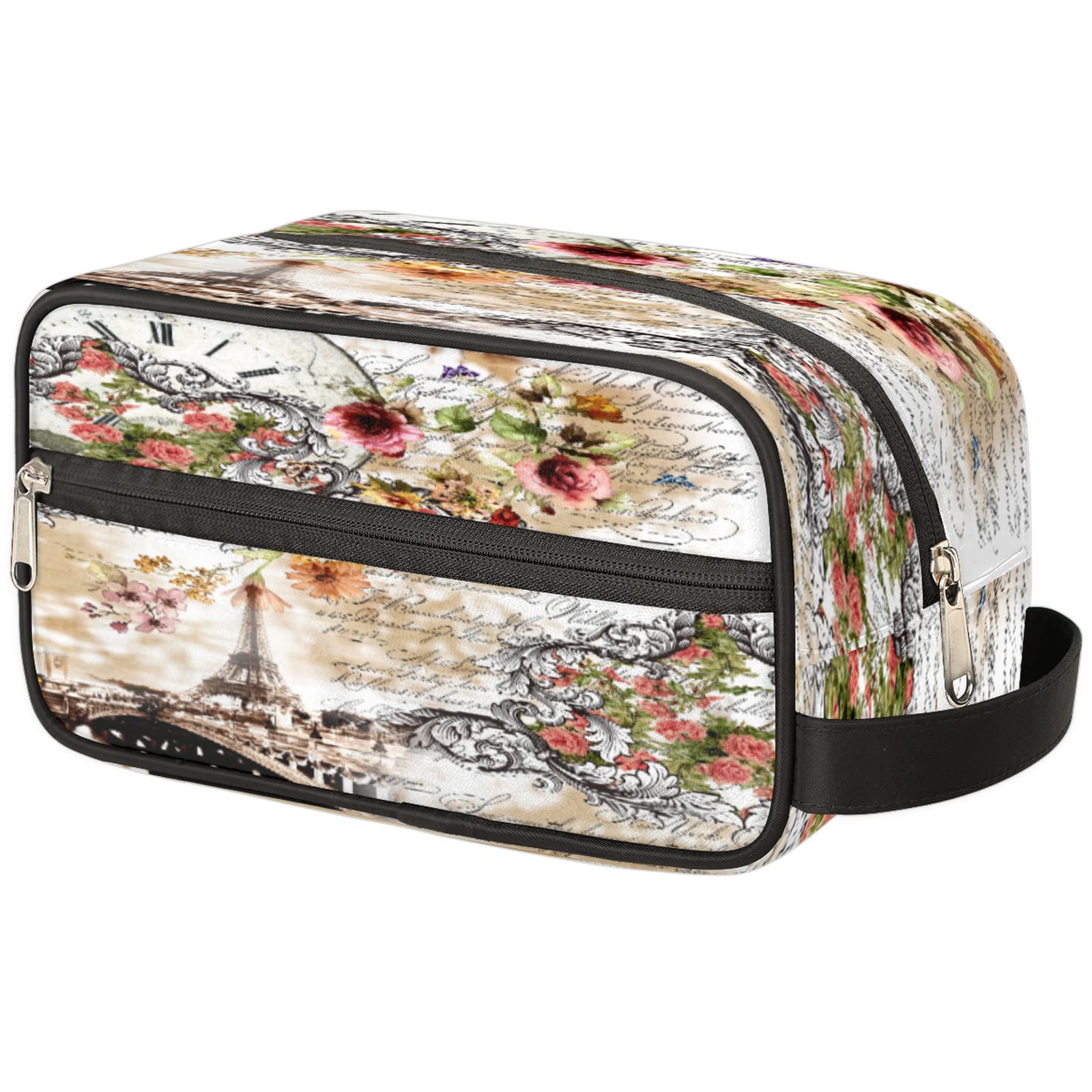 Waterproof Travel Makeup Bag with Handle - Floral Eiffel Tower Cosmetic Case for Women & Girls, Small Toiletry Organizer for Purse | Perfect for Vacation, Gym, Business Trips & Daily Essentials Storage