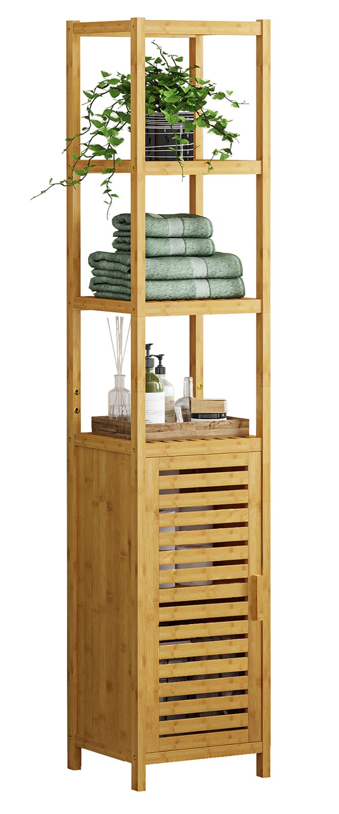 VIAGDO Tall Slim Bathroom Storage Cabinet with Shutter Door & 3-Tier Shelves - Freestanding Linen Tower Organizer for Bathroom, Living Room & Kitchen - Natural Bamboo - Perfect for Small Spaces, Apartment Storage & Home Organization