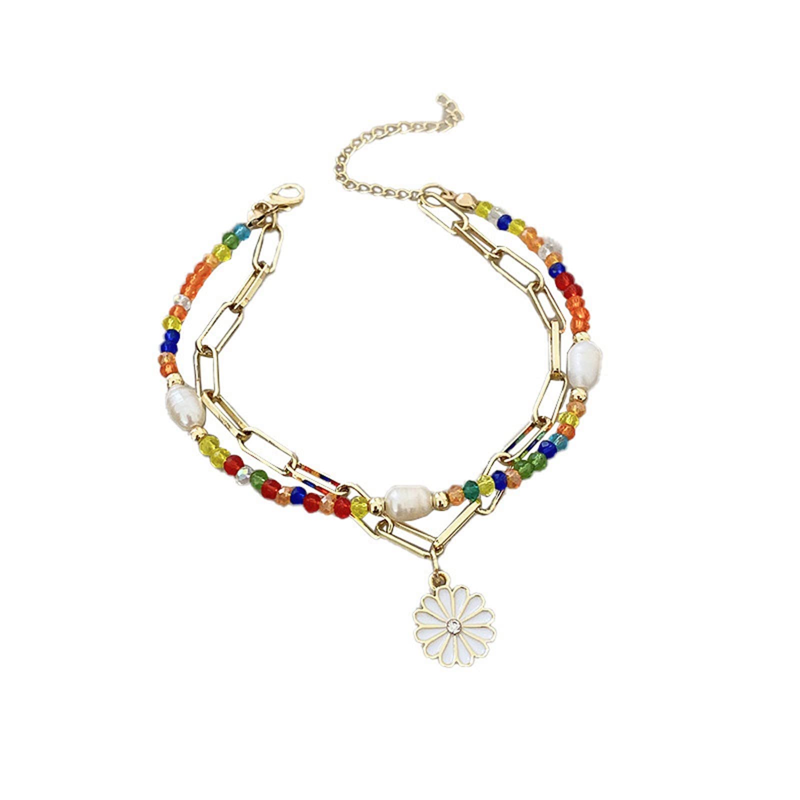 Handmade Bohemian Friendship Bracelet for Women - Colorful Beads & Chrysanthemum Charm - Perfect for Beach Parties, Festivals & Gifts (Includes Pompom Earrings)