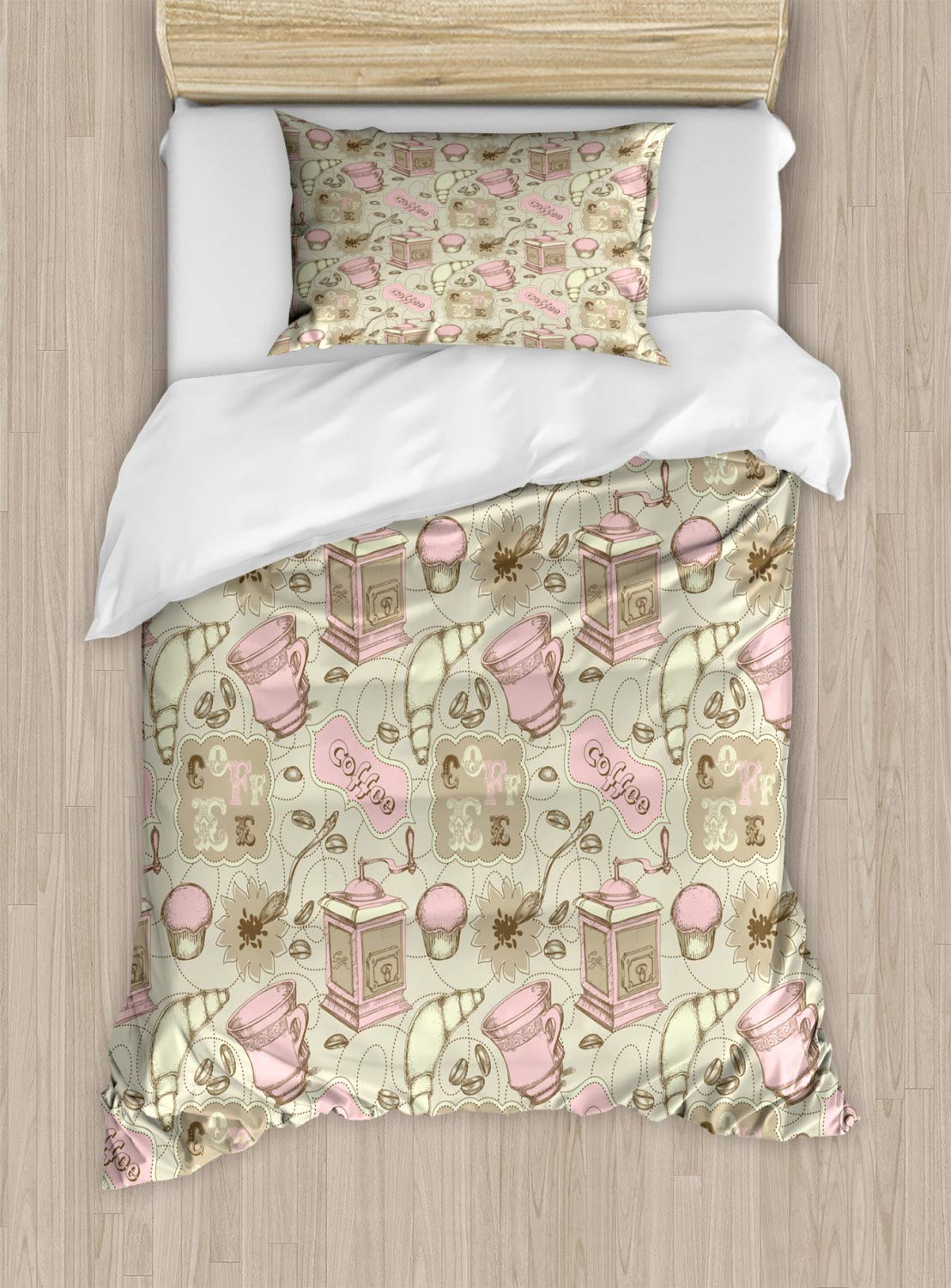 Ambesonne Cartoon Duvet Cover Set - Abstract Modern Tea Pot Cup Cake Croissant Bakery Design - 2 Pack Twin Size Bedding Set with 2 Duvet Covers & 2 Pillowcases - Grey Pale Pink White - Perfect for Kids Rooms, Guest Bedrooms & Dorm Decor