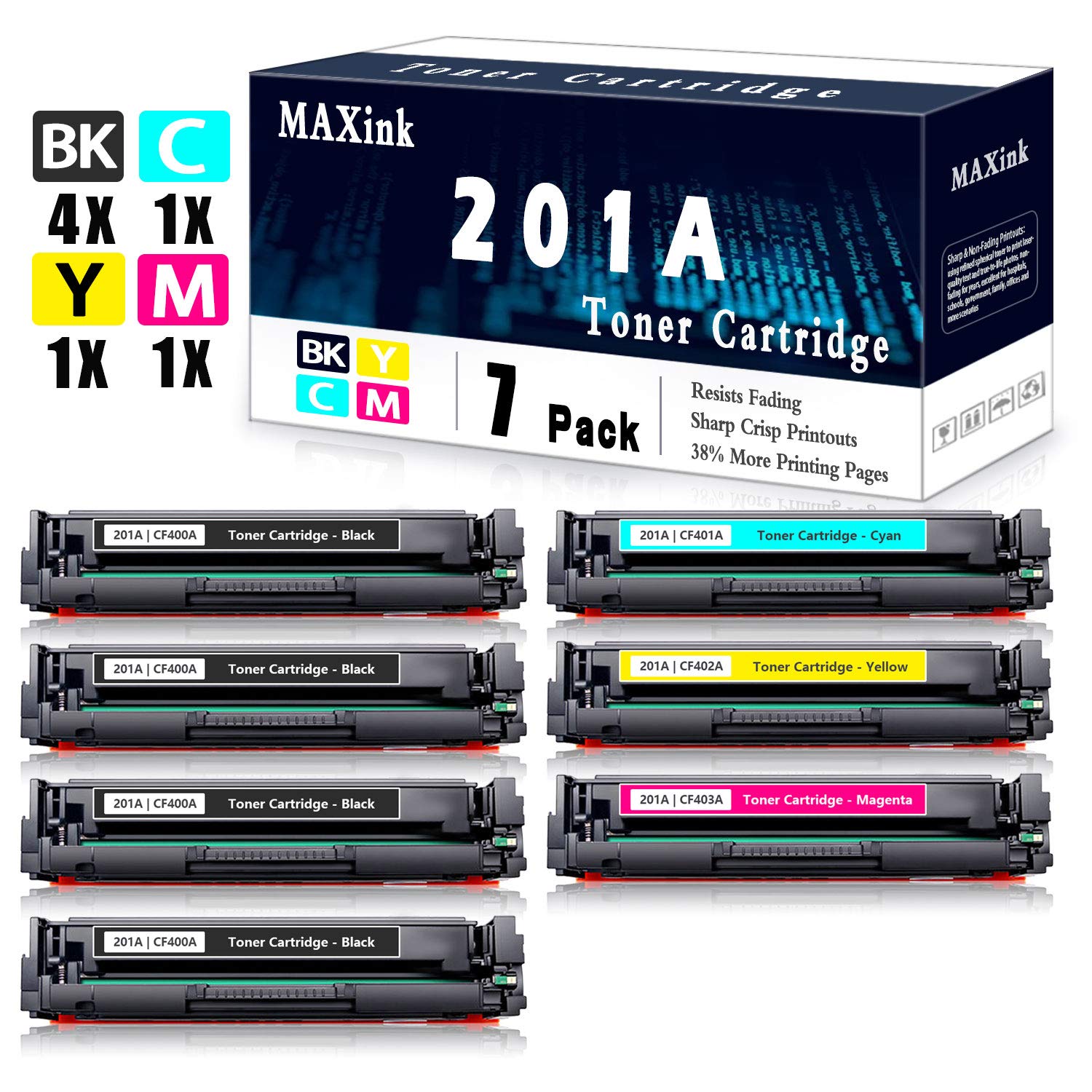7-Pack (4BK+C+Y+M) 201A | CF400A CF401A CF402A CF403A Compatible Toner Cartridge Replacement for HP Color LaserJet Pro M252dw M252n MFP M277 Series Printers - High-Quality Printing for Office & Home Use