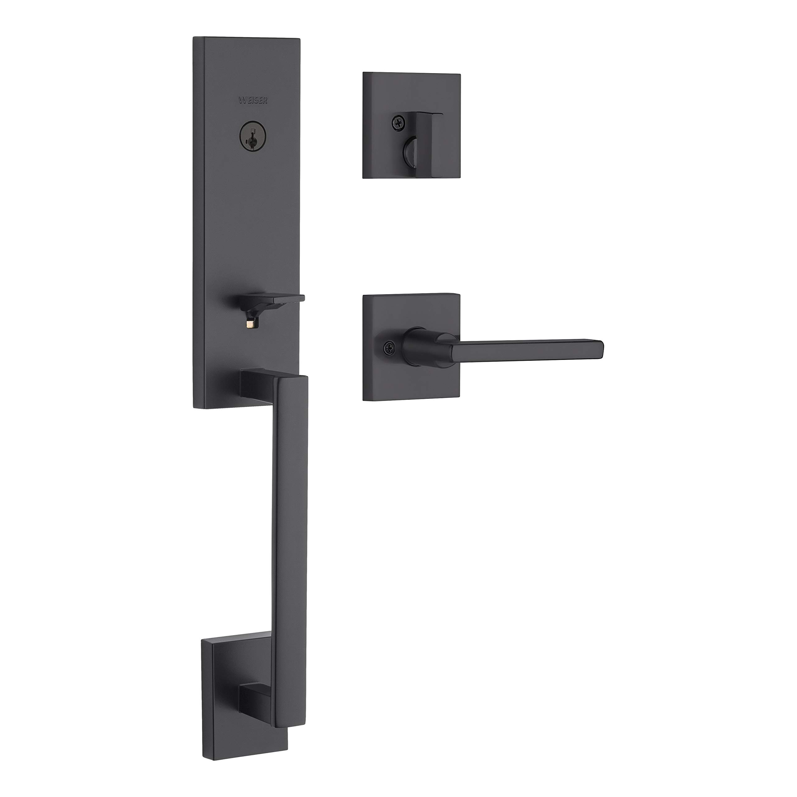 Weiser Matte Black Front Door Lock and Handle Set - Vancouver Deadbolt with Reversible Halifax Interior Lever - Secure Modern Home Entry for Front Doors, Bedrooms & Offices
