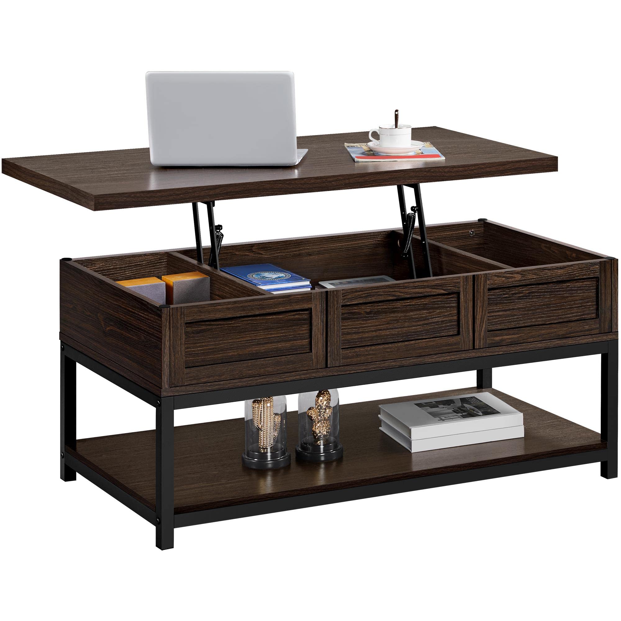 Yaheetech Lift Top Coffee Table with Hidden Storage Compartments & Open Bottom Shelf - Espresso Brown Lift-Top Center Table for Living Room, Reception Area - Perfect for Small Spaces, TV Snacking & Extra Storage