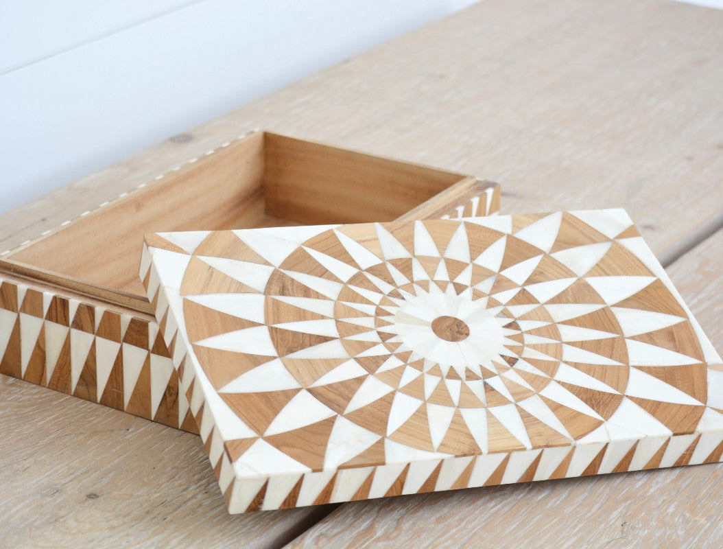 Sunburst Teak and Bone Box & Tray Set - Handcrafted Wooden Storage Collection for Jewelry, Spices & Home Decor | Perfect for Gift Giving & Organizing