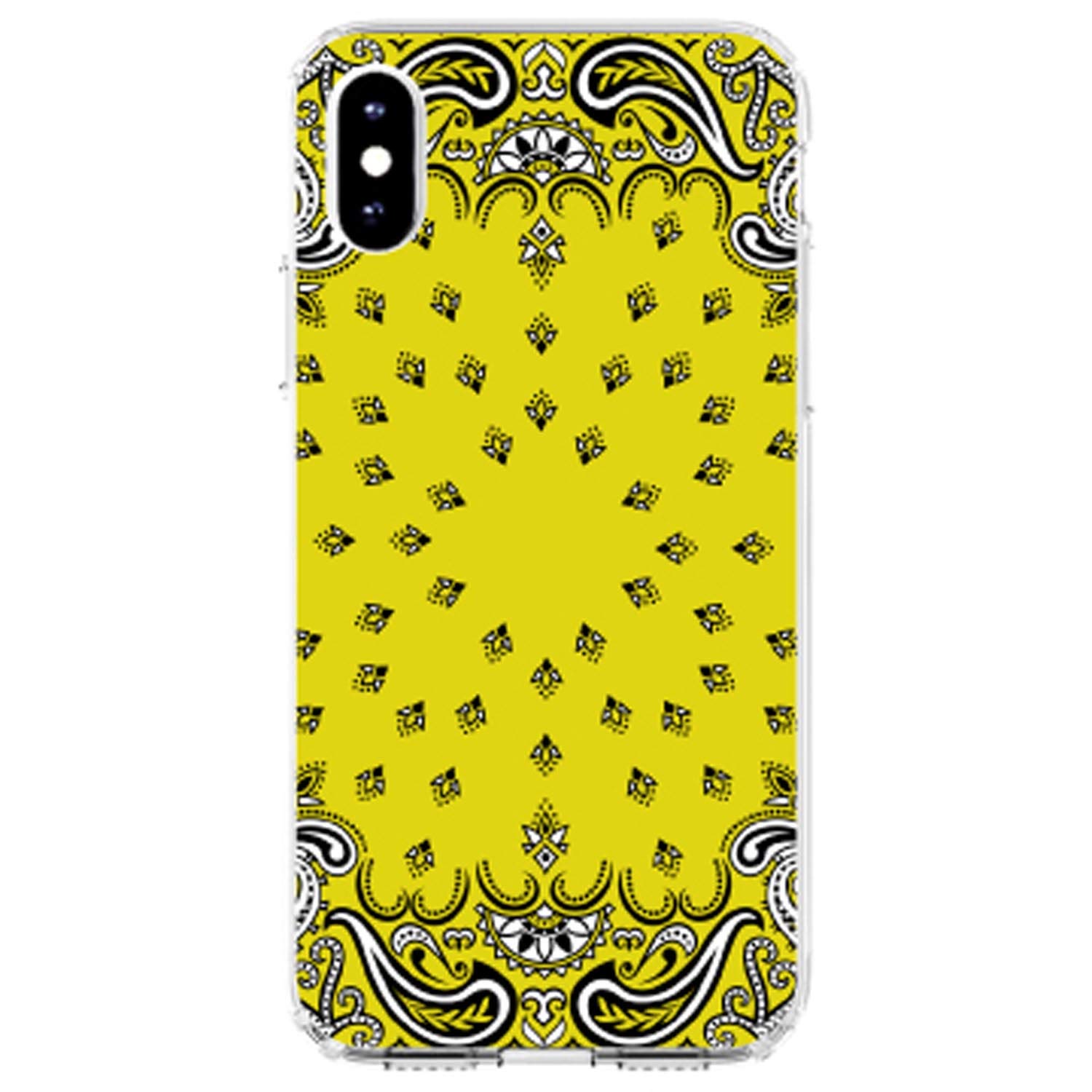 DistinctInk Clear Shockproof Hybrid Case for iPhone XR (6.1 Inch) - TPU Bumper with Acrylic Back & Tempered Glass Screen Protector - Bandana Print in Yellow, Black, White - Perfect for Outdoor Activities, Travel & Daily Protection