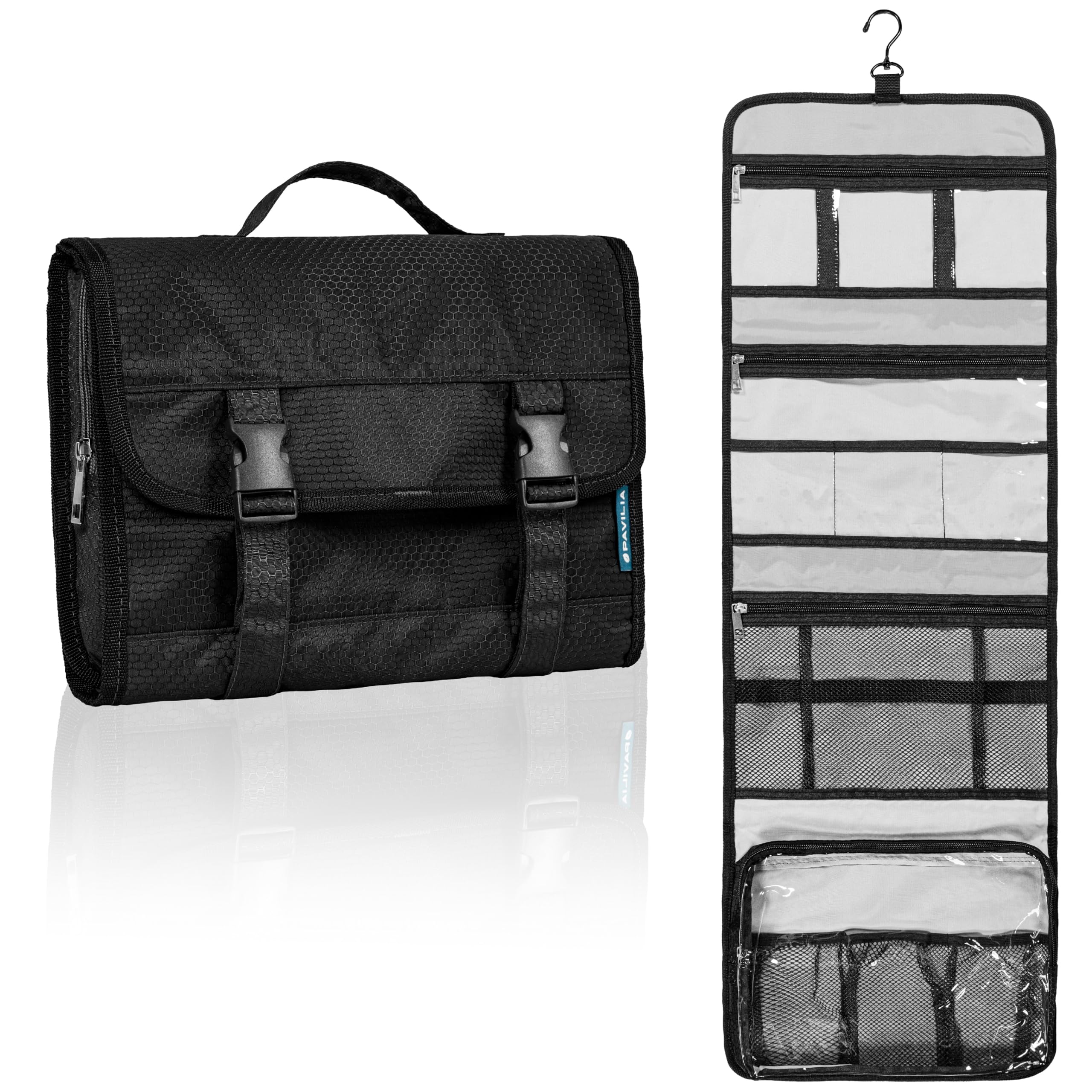 PAVILIA Extra Large Waterproof Hanging Toiletry Bag for Travel - Black Cosmetic Organizer for Women & Men - Perfect for Bathroom, Shower, Camping & Gym Essentials Storage