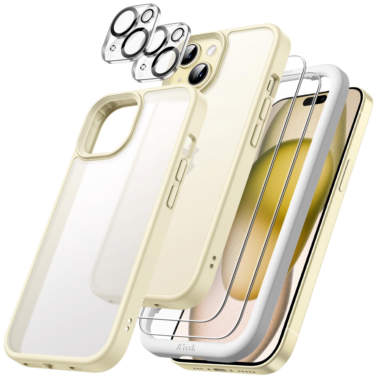 JETech 5-in-1 Matte Shockproof Case for iPhone 15 (6.1-Inch) with 2-Pack Tempered Glass Screen Protectors & Camera Lens Protector - Translucent Yellow Back Cover | Perfect for Outdoor Activities, Work & Daily Protection