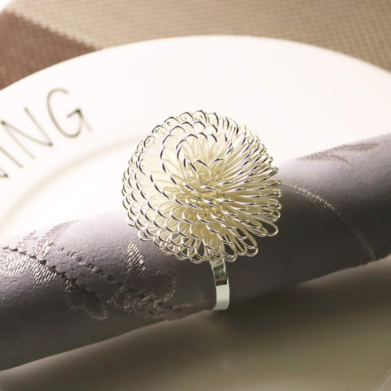 Premium Silver Napkin Rings Set of 4 - Elegant Pine Nut Flower Design Napkin Holders for Wedding, Thanksgiving, Christmas Table Decor - Perfect for Fine Dining, Restaurant Decor & Holiday Entertaining