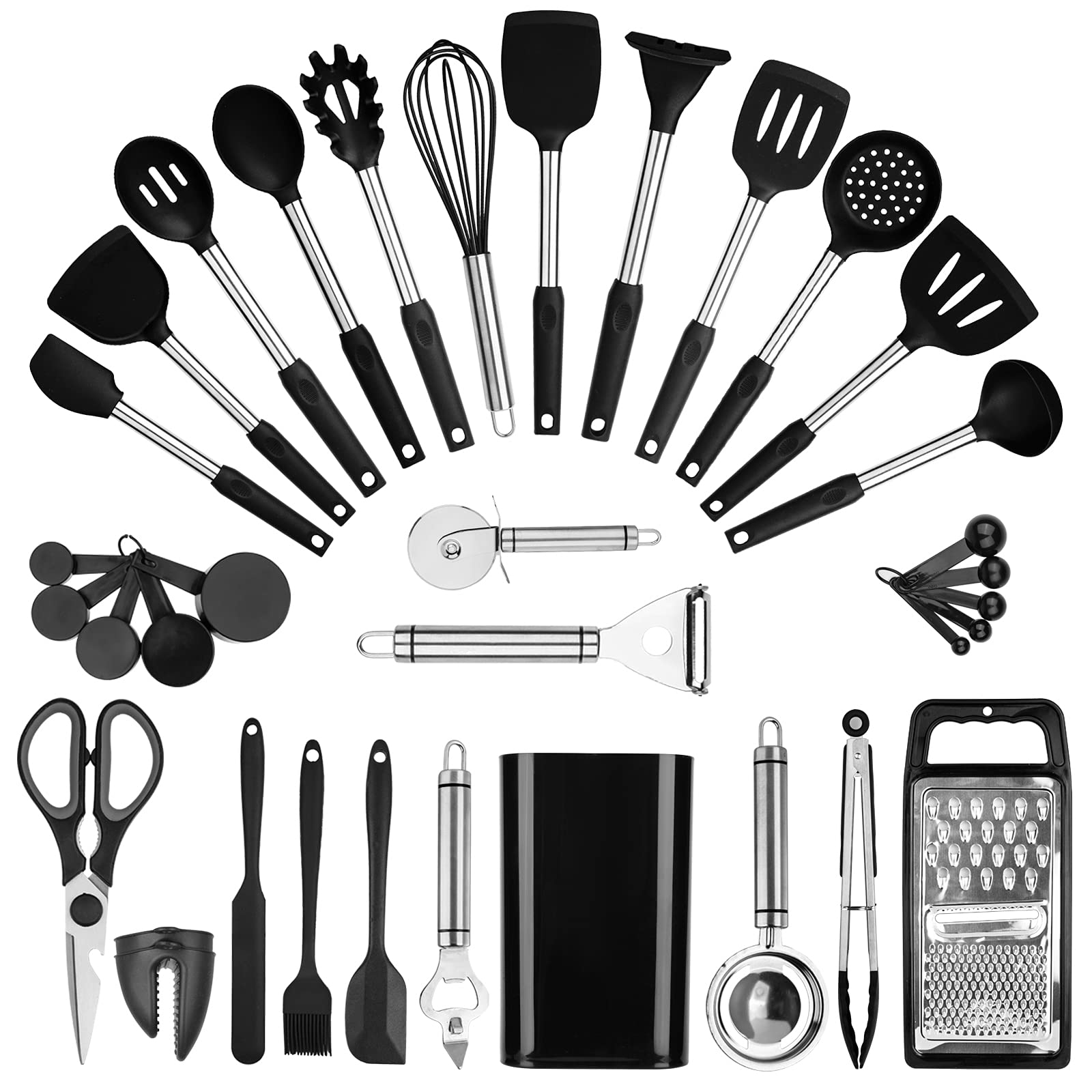 35-Piece Premium Kitchen Utensil Set - Silicone & Stainless Steel Cooking Tools with Non-Slip Grip - Perfect for Baking, Cooking, Meal Prep & Gift Giving - Includes Spatula, Turner, Whisk & More (Black)