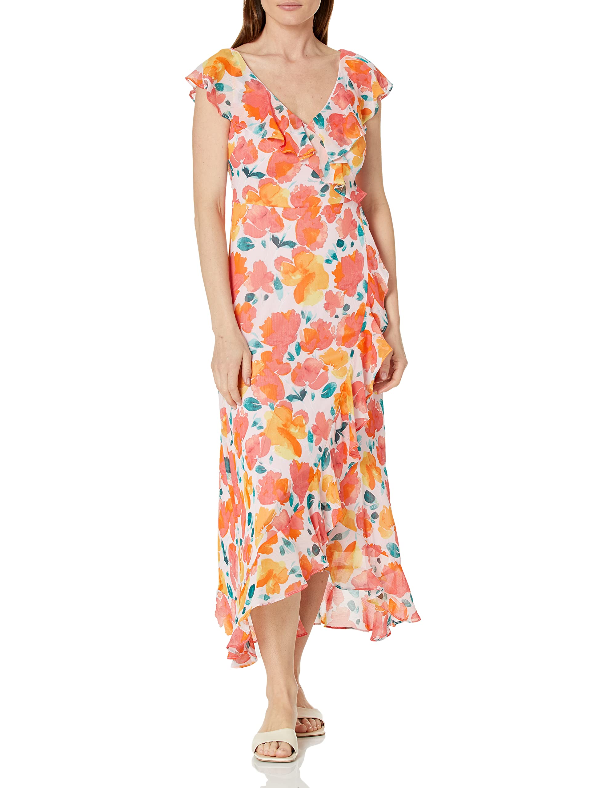 London Times Women's Faux Wrap Ruffle Maxi Dress - Elegant Flowy Long Dress for Summer, Beach, Wedding & Special Occasions