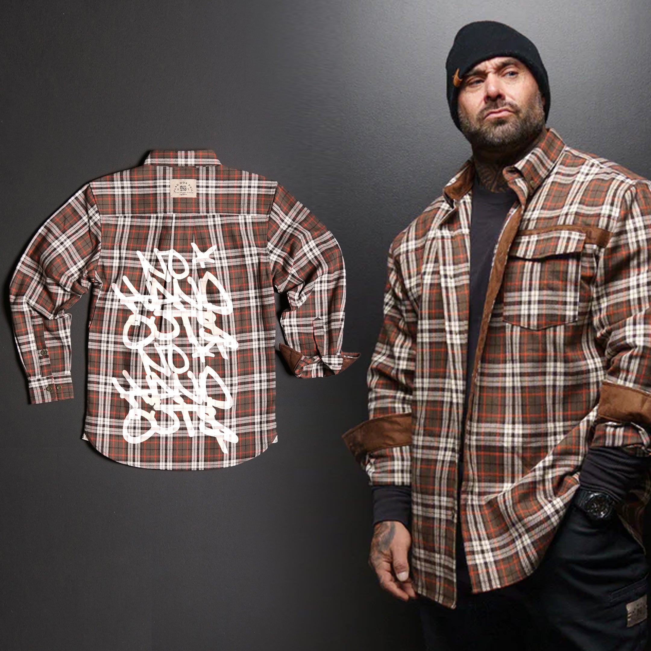 Men's No Handouts X Forever Flannel Shirt - Orange Plaid Long Sleeve Button Down for Casual Wear & Outdoor Activities