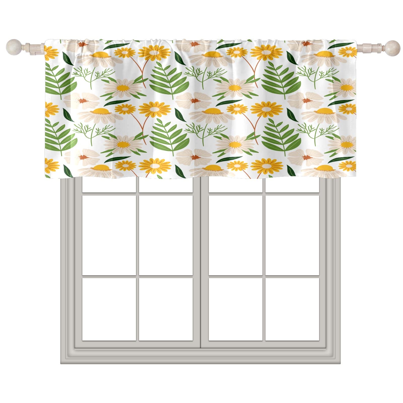 Blackout Window Valances with Rod Pocket - Yellow White Floral Green Leaf Design - 52x14 Inch Kitchen Bedroom Living Room Bathroom Curtain Treatments for Home Decor | Perfect for Light Control & Room Aesthetics